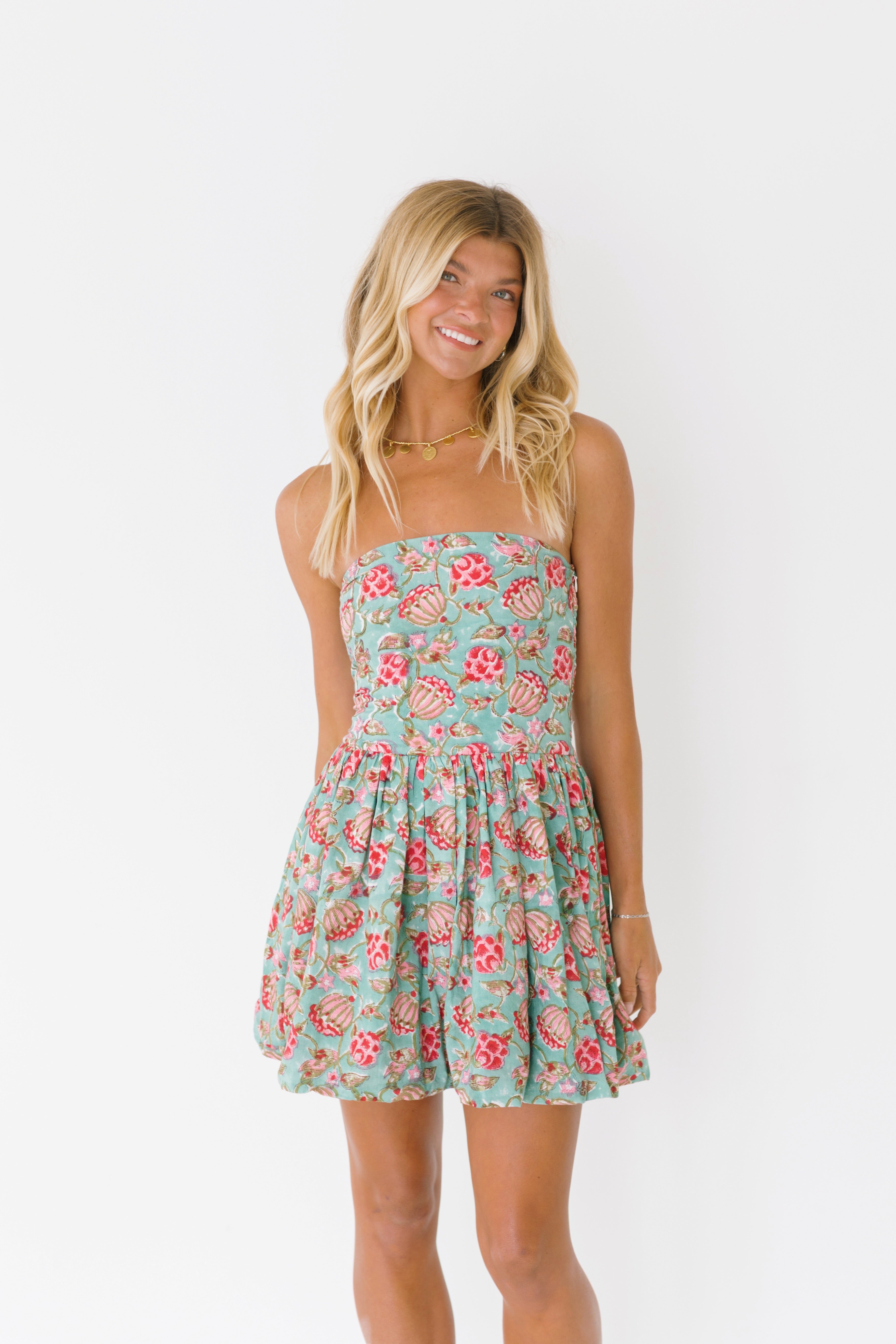 Miranda Balloon Mini Dress - Teal/Pink