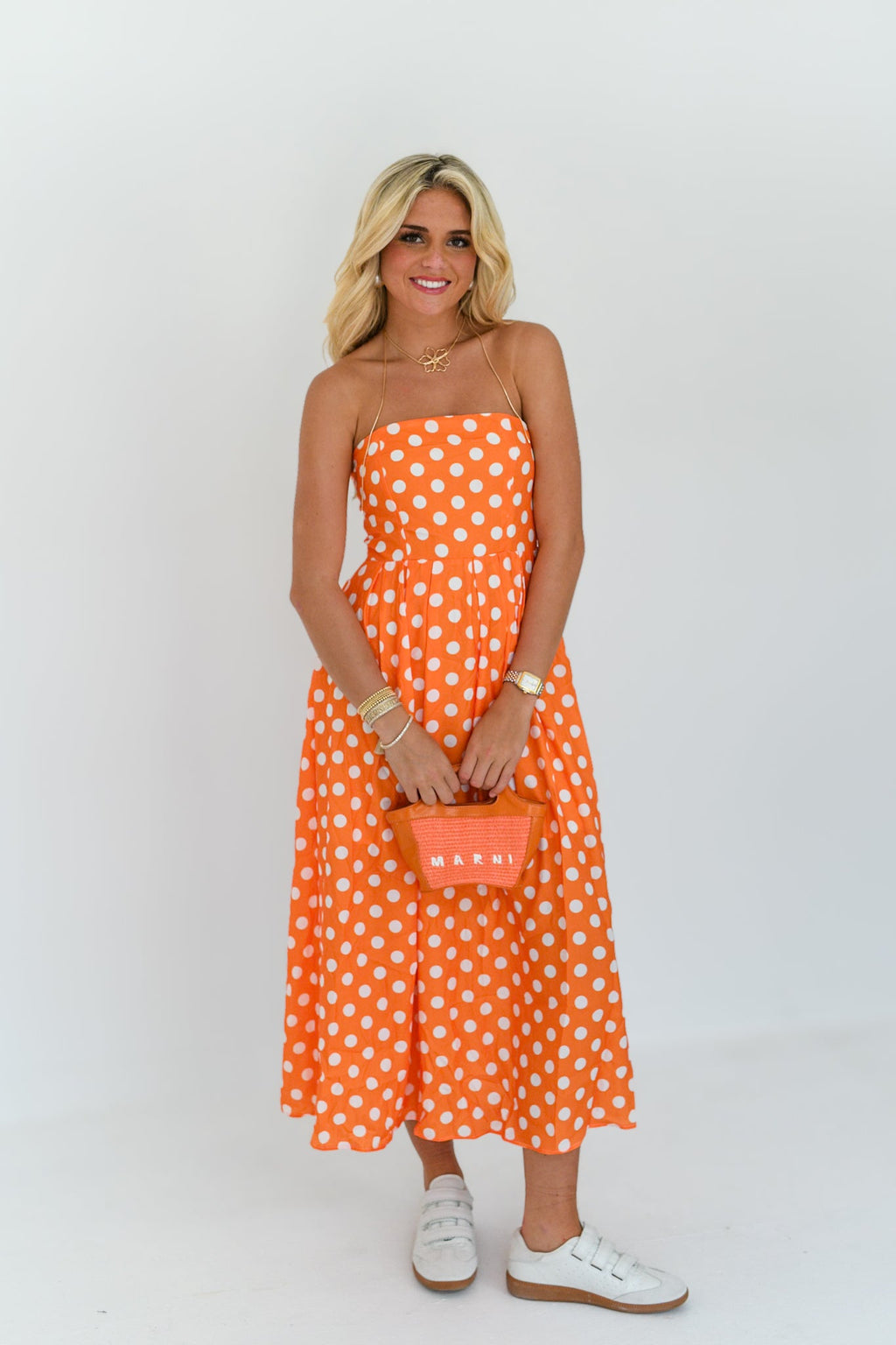 Amaya Strapless Polka Dot Midi Dress - Orange