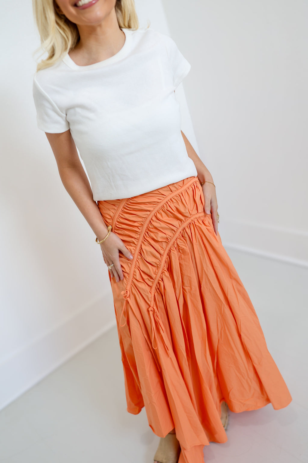 Riley Ruched Asymmetric Midi Skirt - Lt.Coral