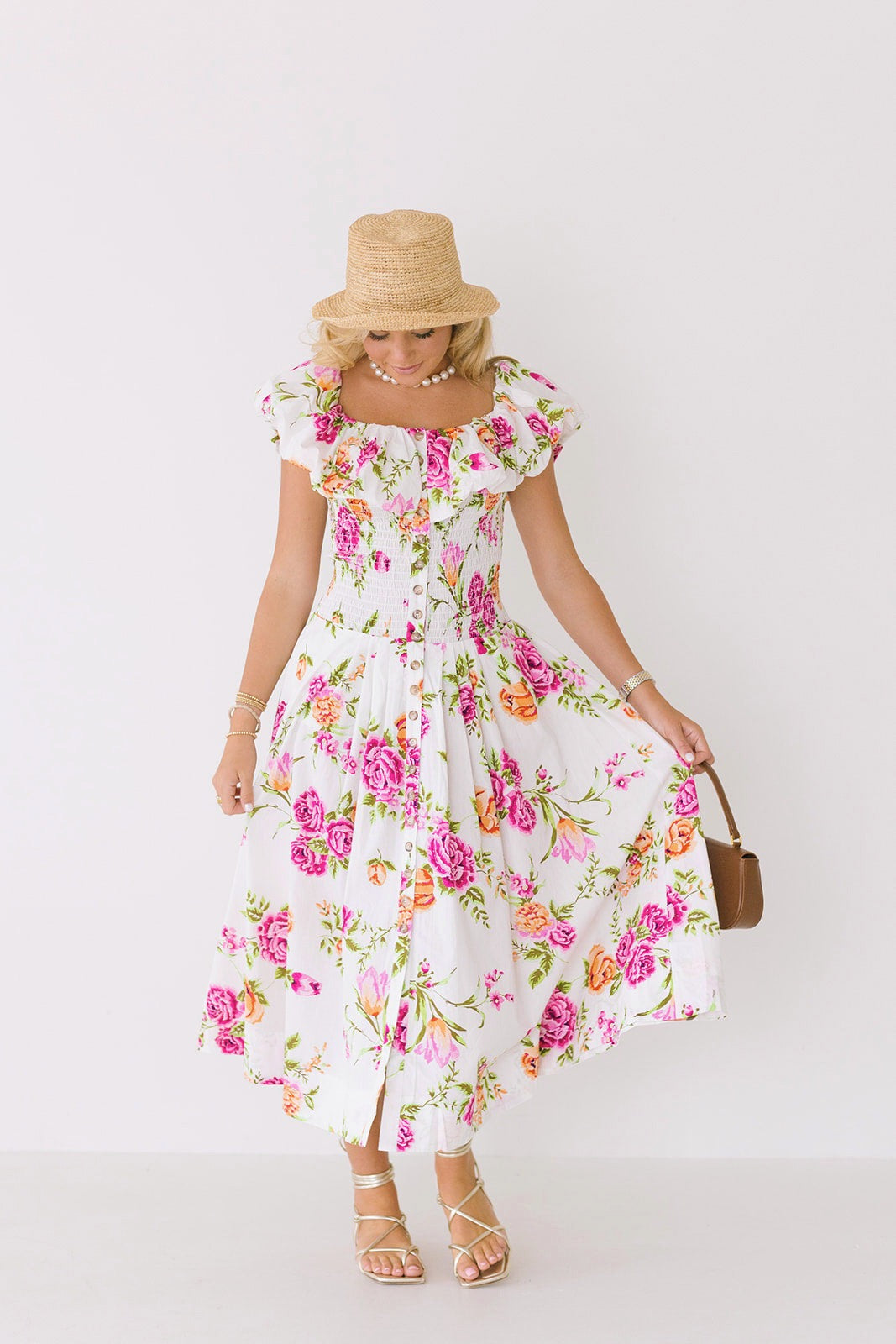 Vivian Off The Shoulder Midi Dress - White Floral