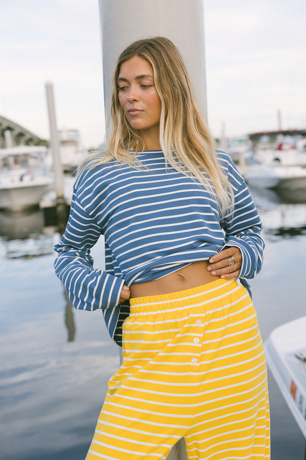 Fancy Striped Oversized Long Sleeve Top - Malibu Blue
