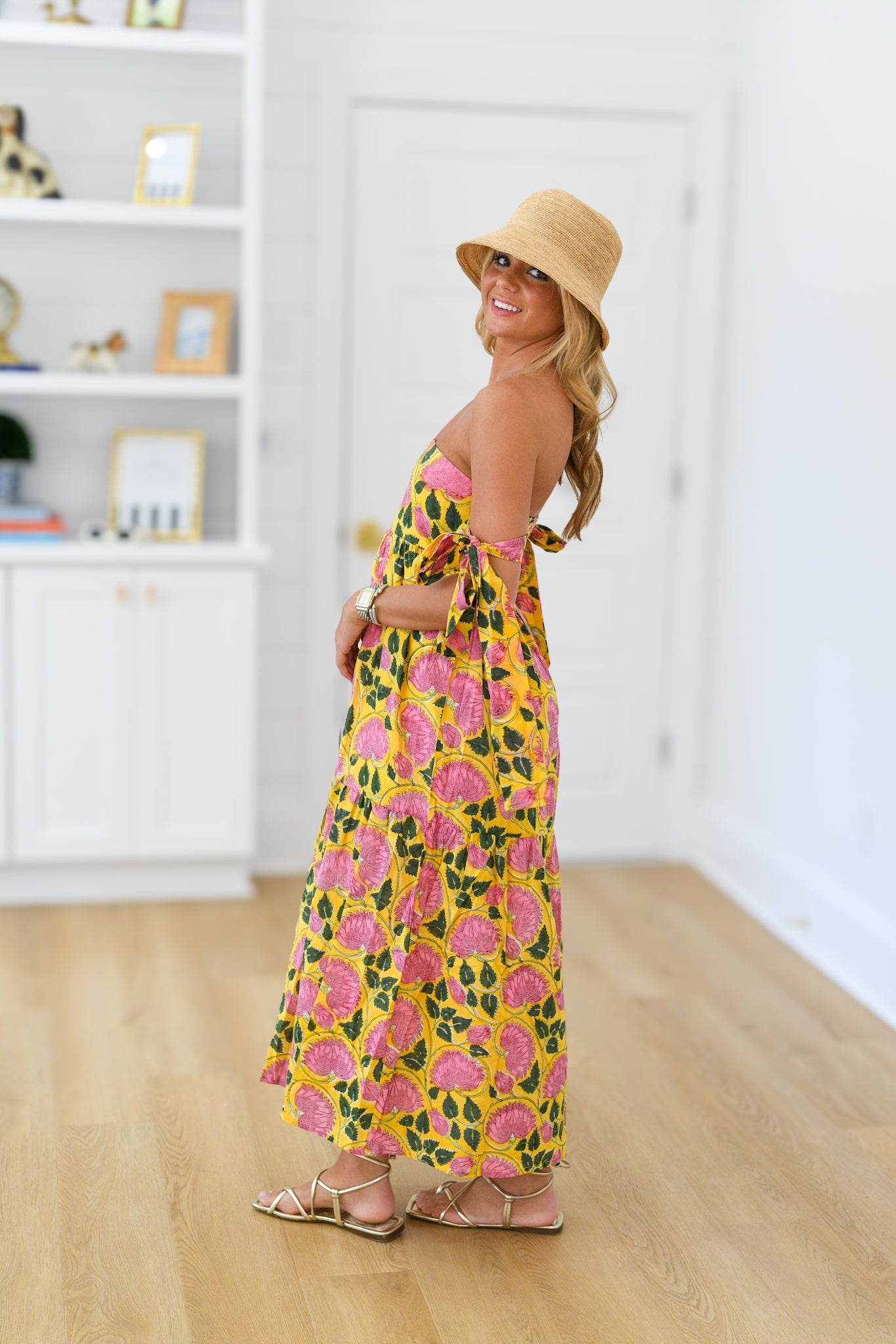 Tara Strapless Midi Dress - Yellow/Pink
