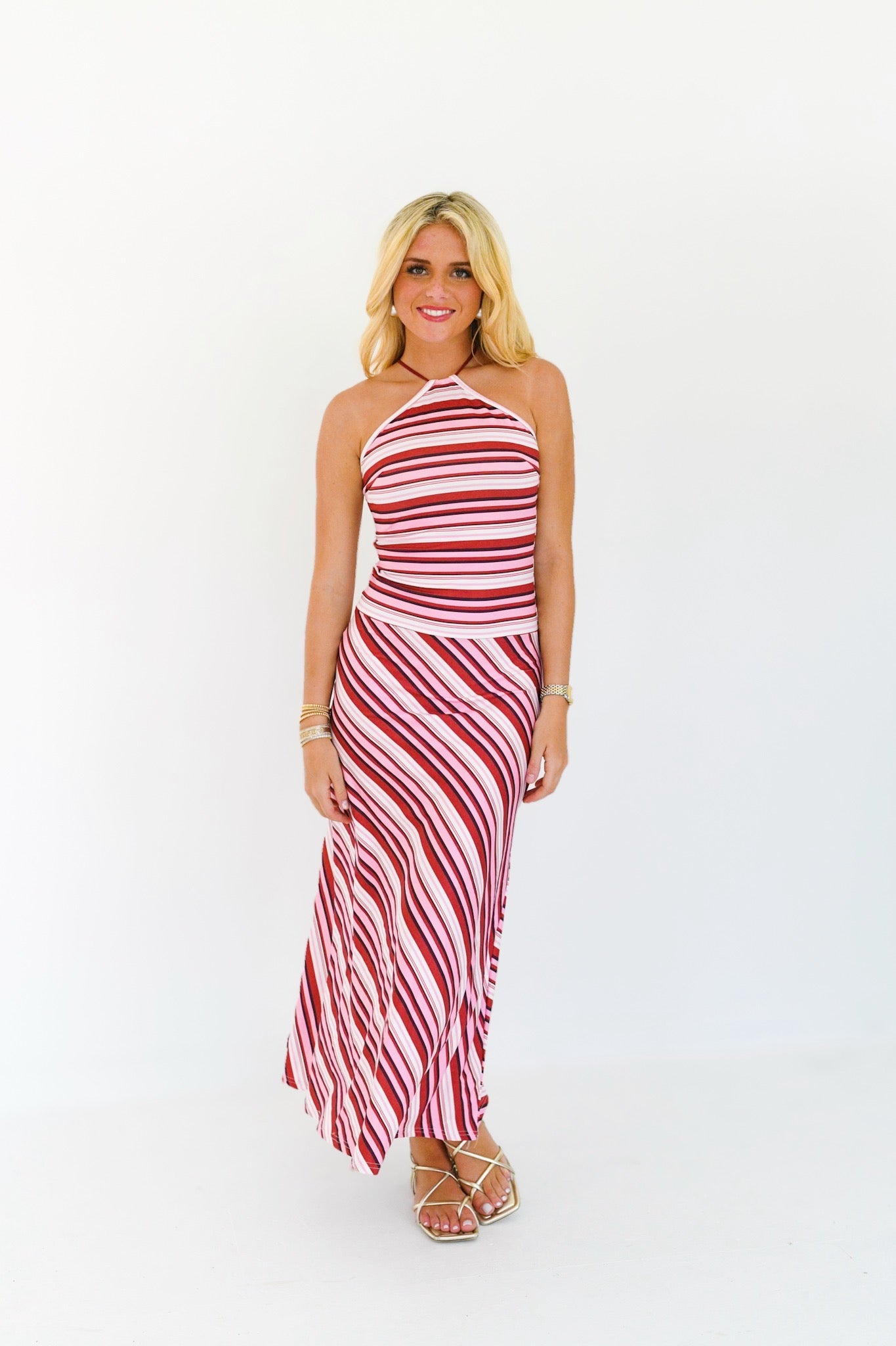Harlee Halter Striped Maxi Dress - Magenta Stripe
