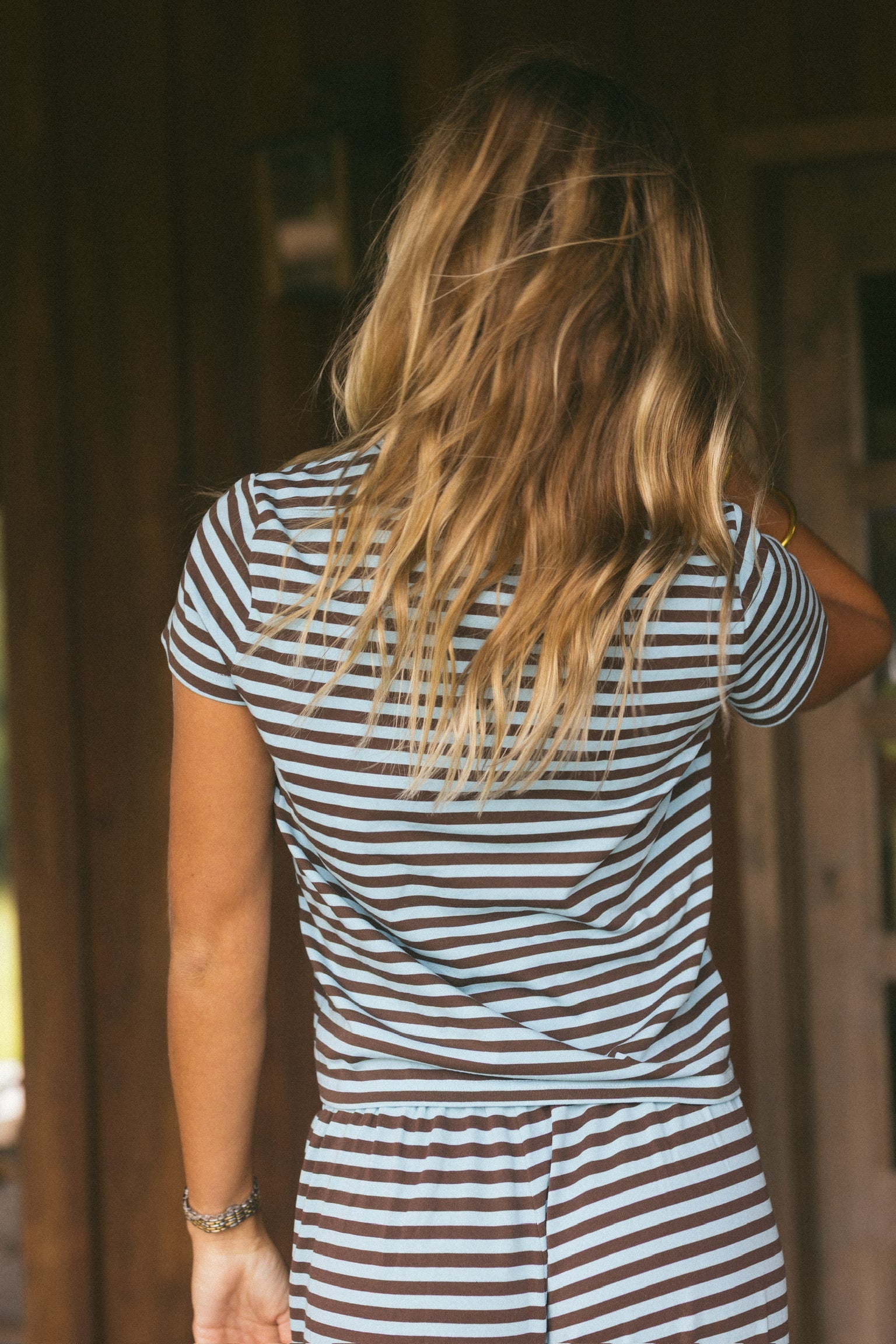 Fancy Striped Fitted Short Sleeve Top - Glacier/Chocolate