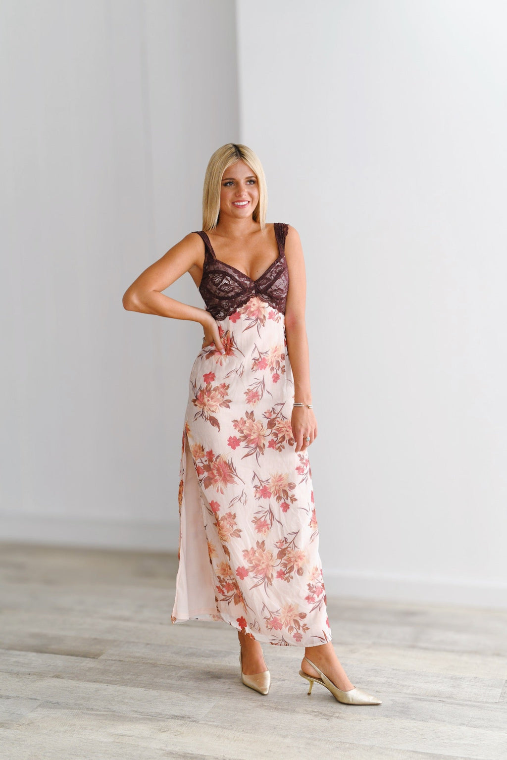 Keely Lace Maxi Dress-Pink/Brown