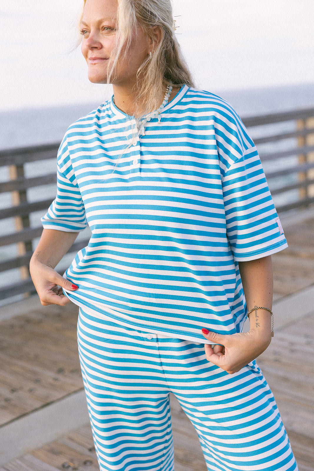 Fancy Buttoned Striped Short Sleeve Top