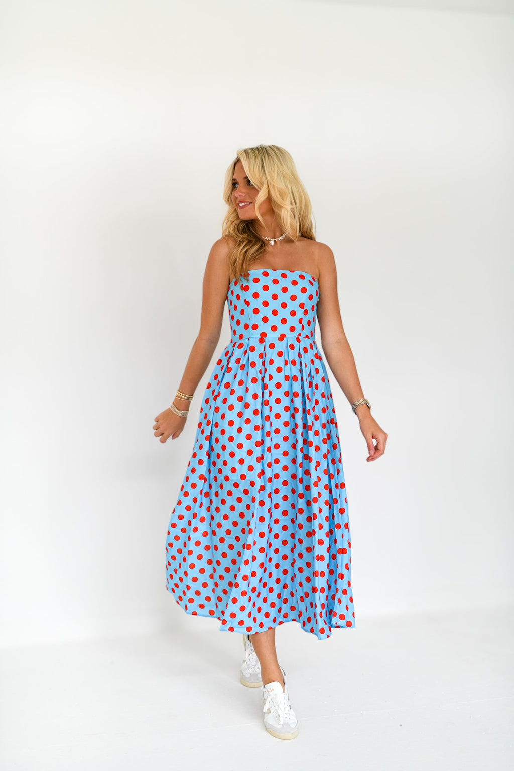 Manning Strapless Polka Dot Midi Dress - Powder Blue/Red