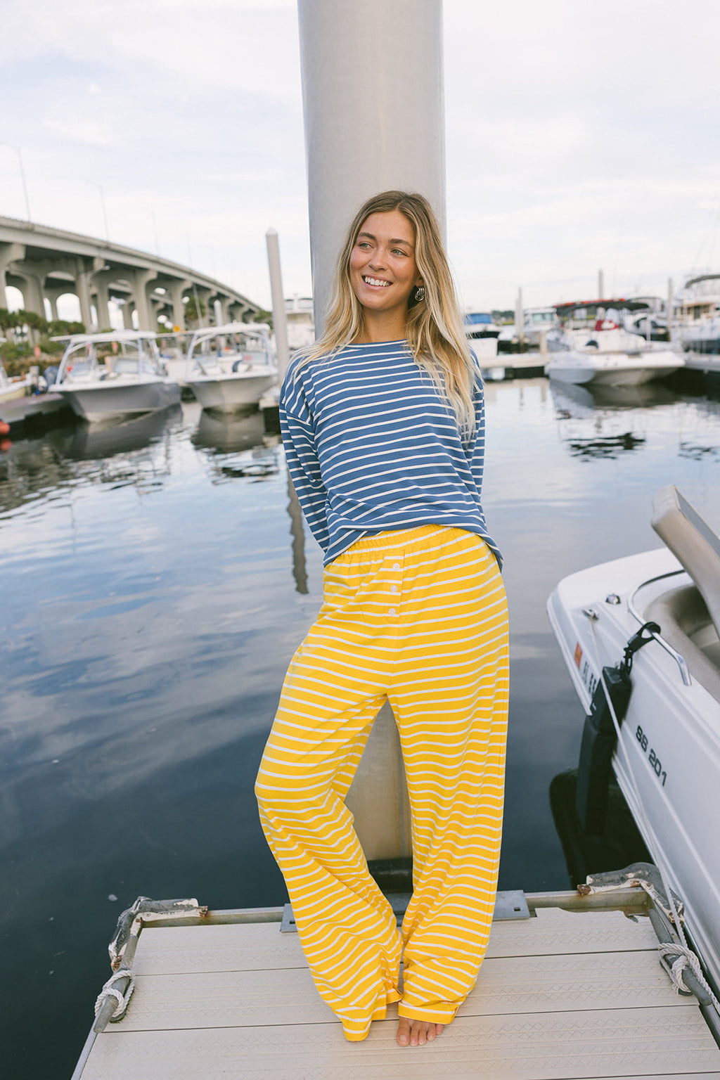 Fancy Striped Oversized Long Sleeve Top - Malibu Blue