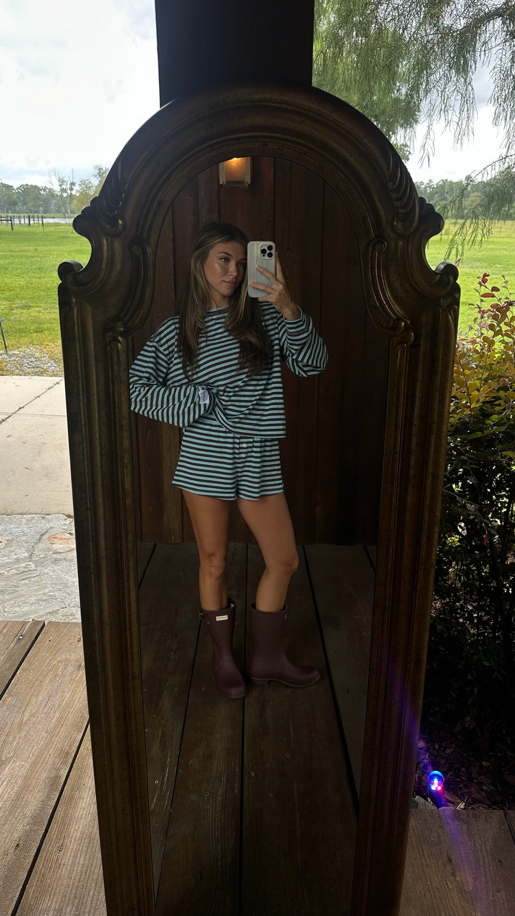 Fancy Striped Oversized Long Sleeve Top - Glacier/ Chocolate