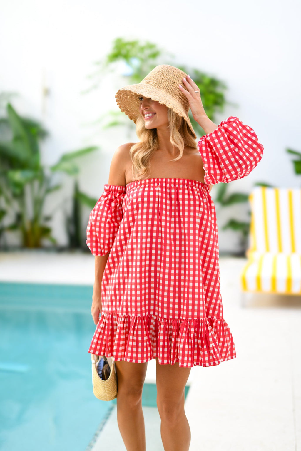Delilah Strapless Bubble Sleeve Mini Dress - Red Gingham