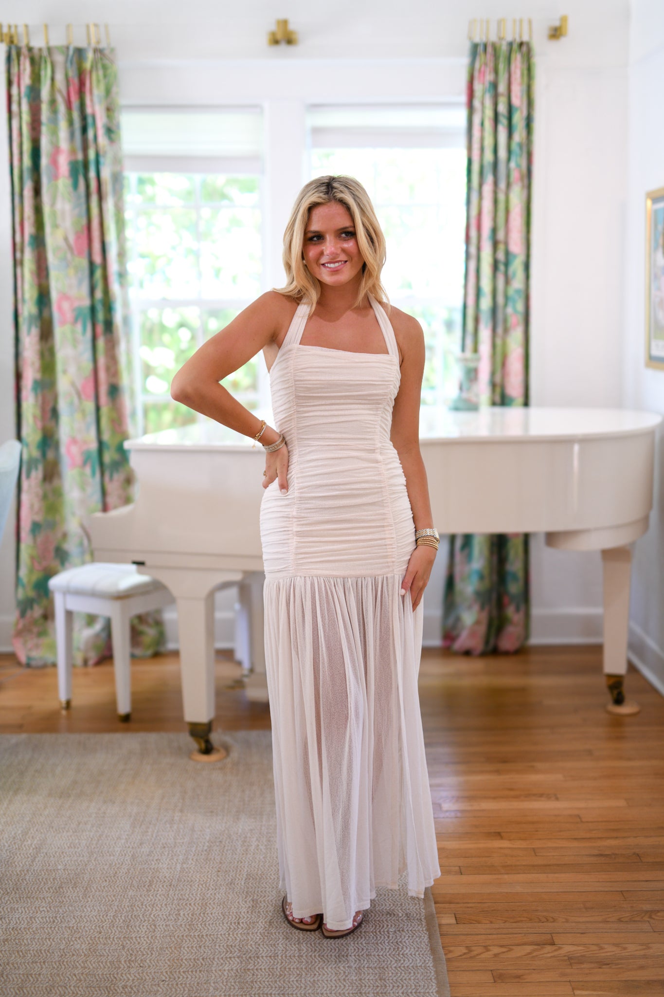 Peyton Ruched Mesh Halter Dress - Ivory