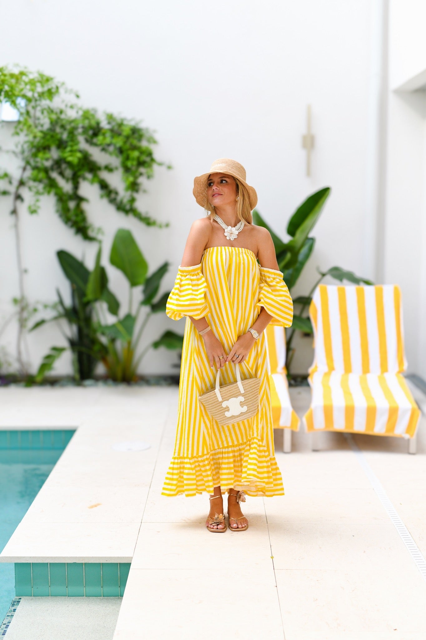 Ciara Strapless Bubble Sleeve Maxi Dress - Yellow Stripes