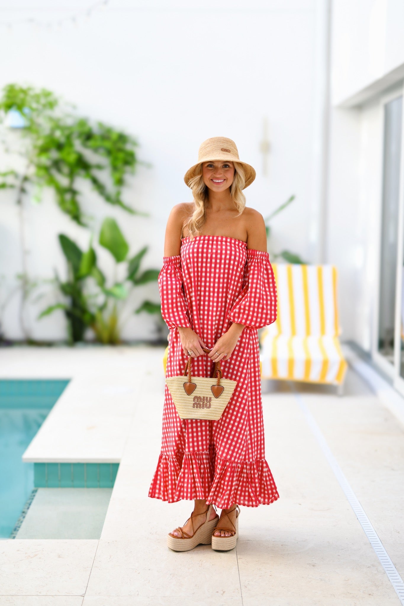 Rylie Strapless Bubble Sleeve Maxi Dress - Red Gingham