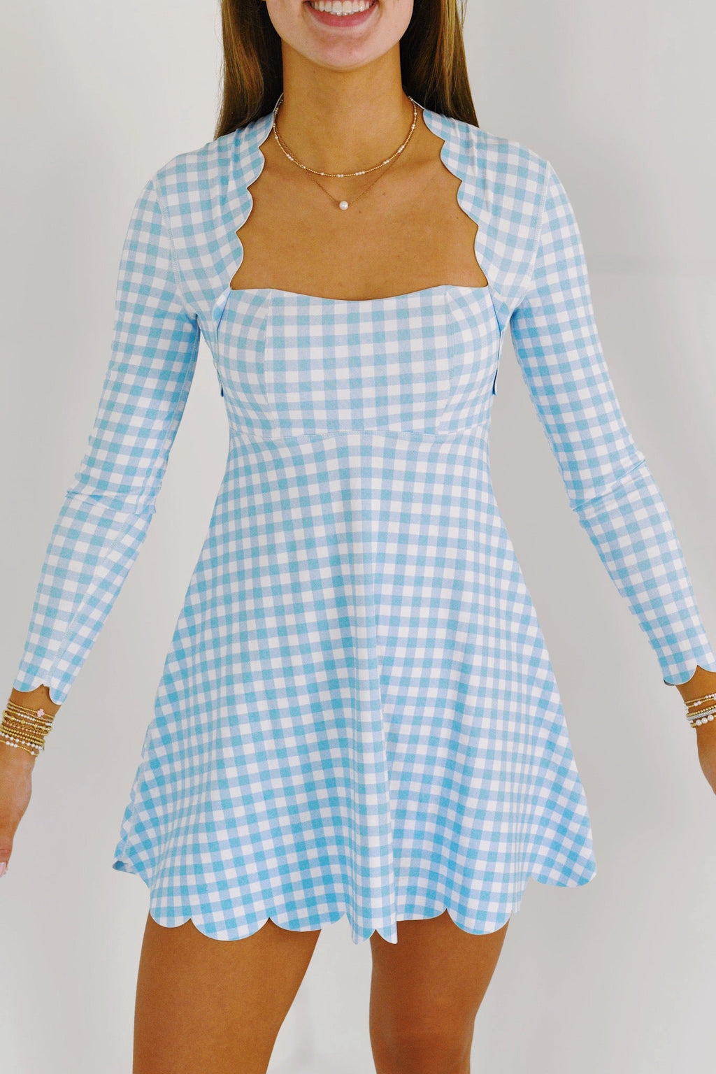 Ashlyn Scalloped Fit Dress - Baby Blue Gingham