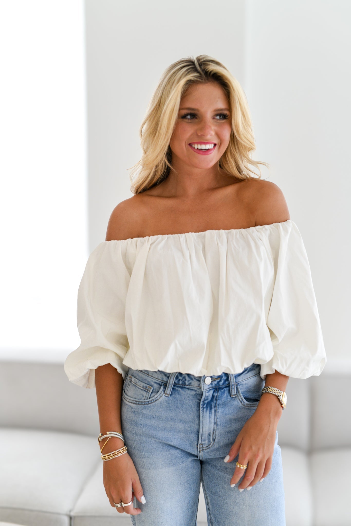 Aubrey Off Shoulder Bubble Top-Cream