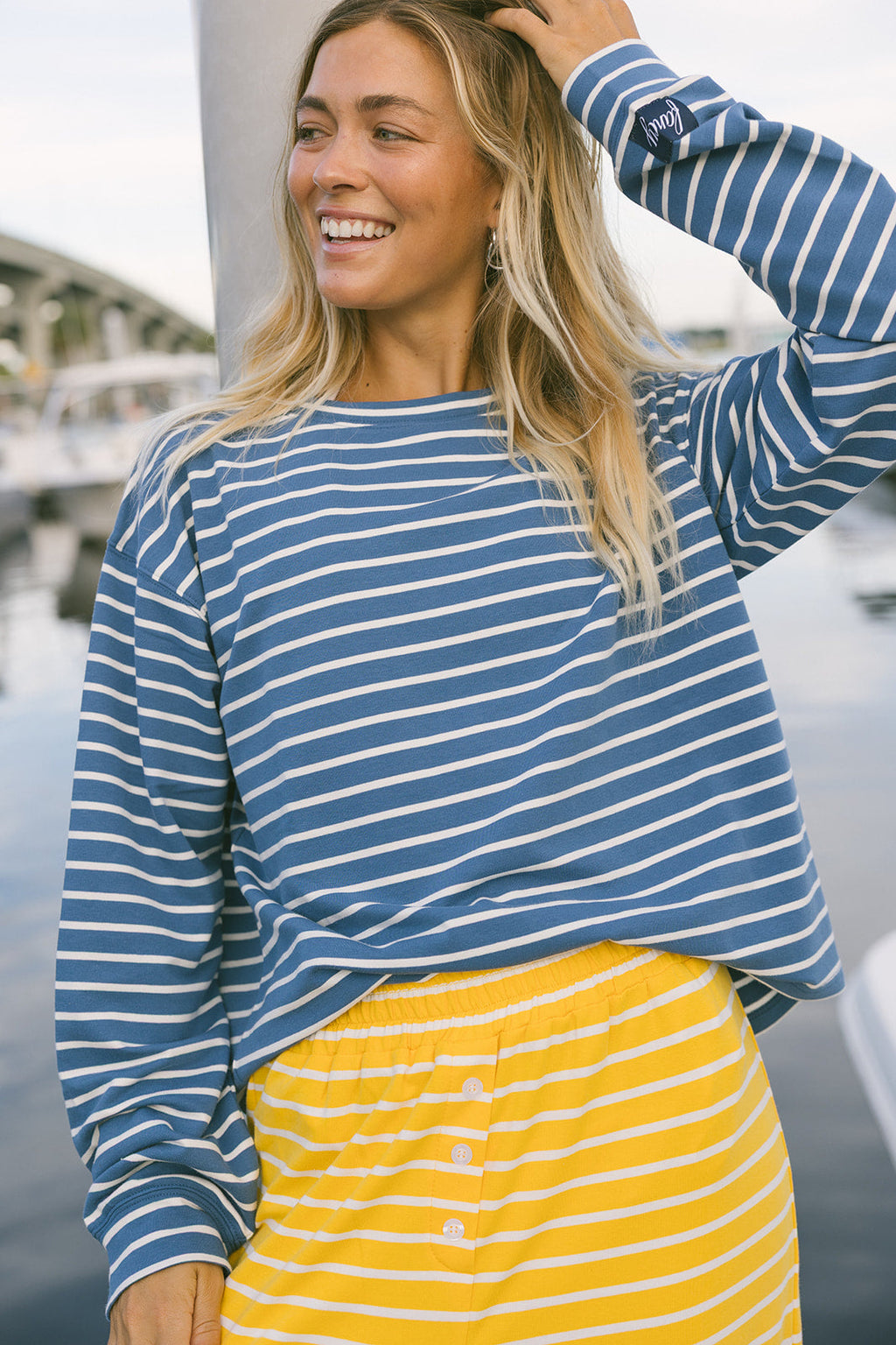 Fancy Striped Oversized Long Sleeve Top - Malibu Blue