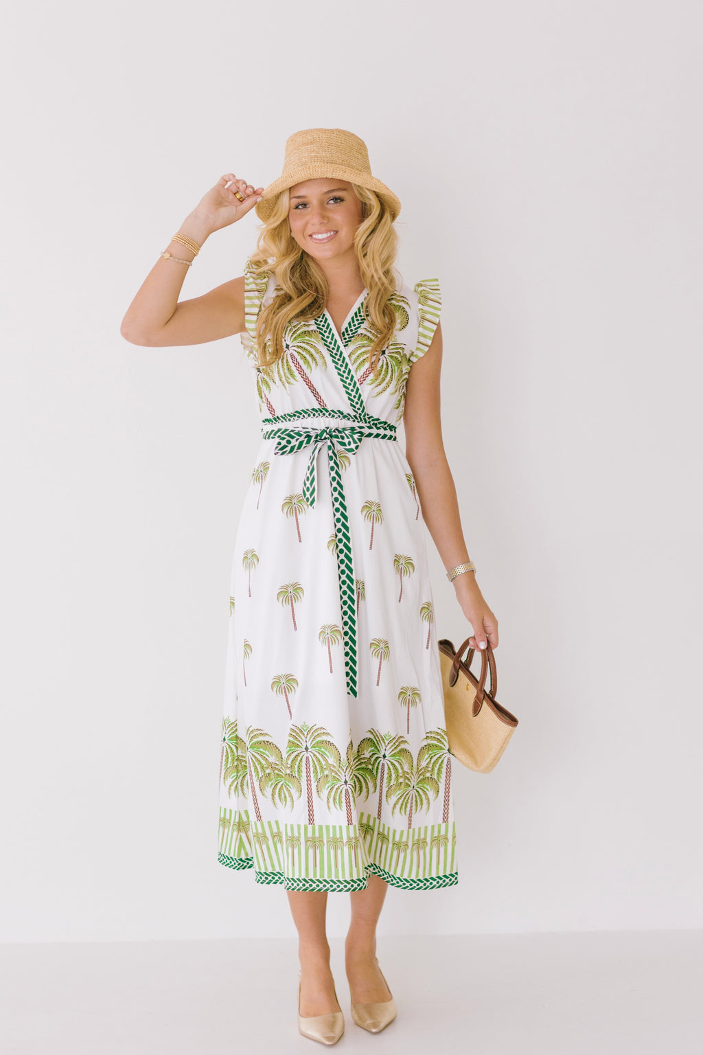 Azura Palm Print V-Neck Belted Dress - Green