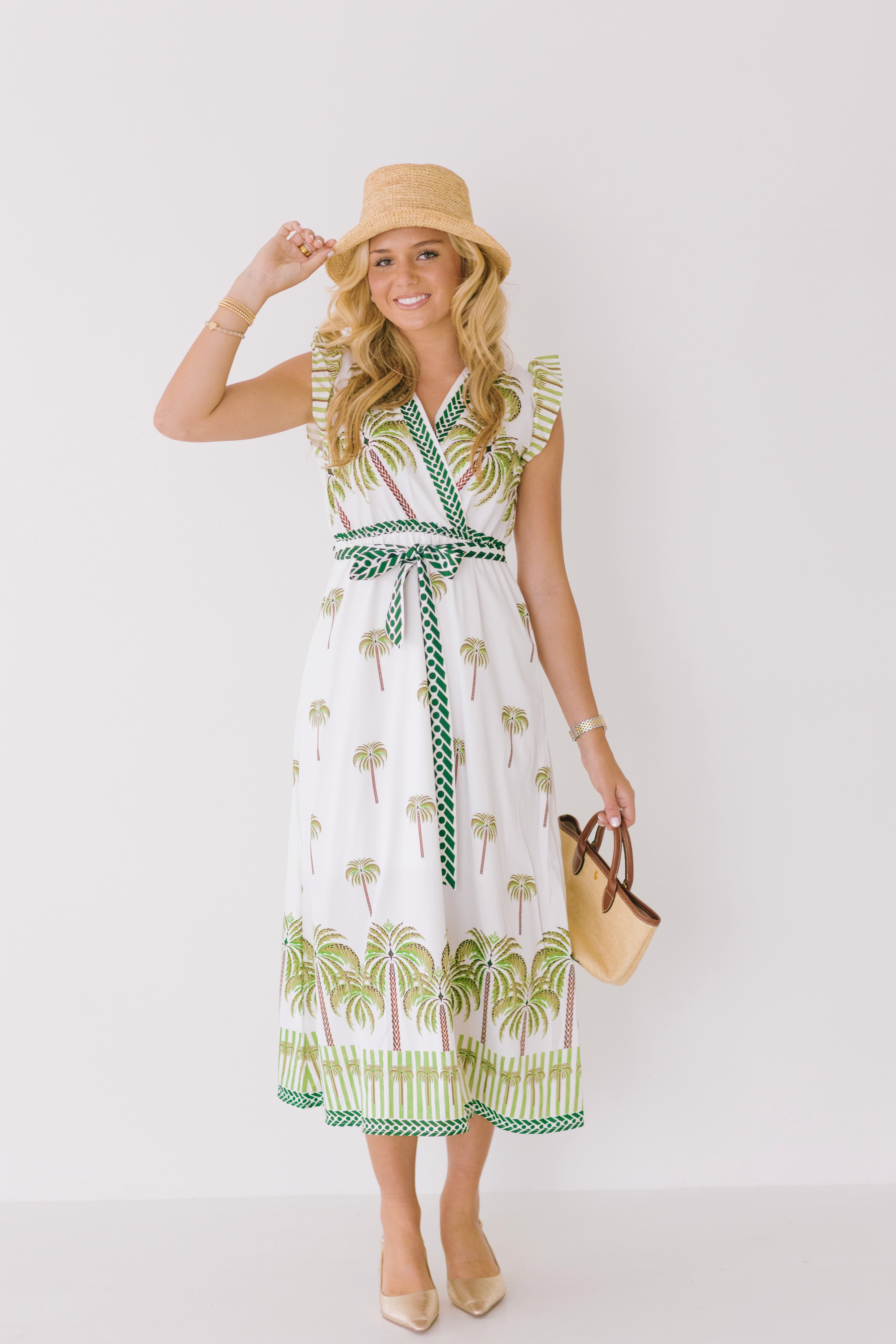 Azura Palm Print V-Neck Belted Dress - Green