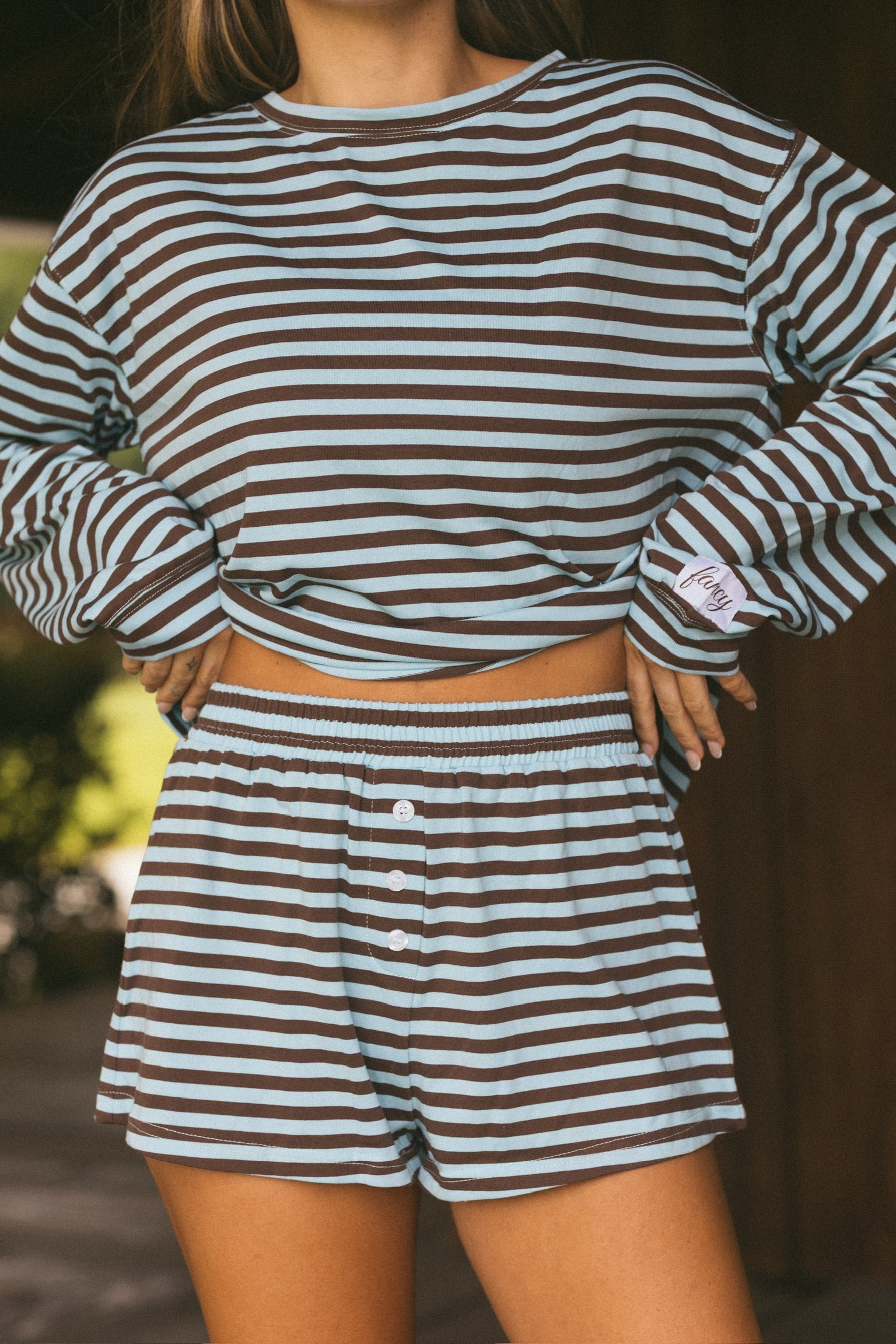Fancy Striped Oversized Long Sleeve Top - Glacier/ Chocolate