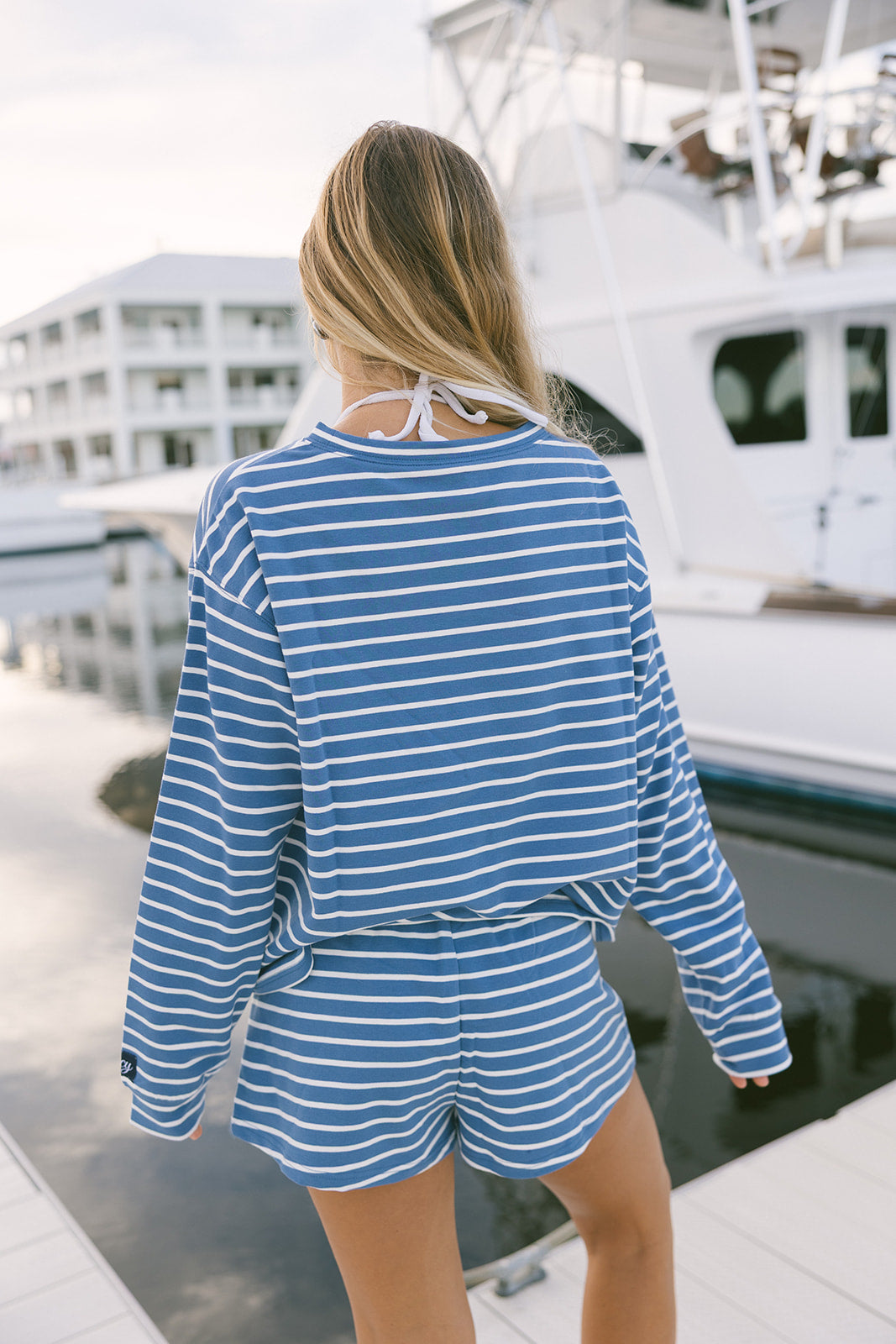 Fancy Striped Oversized Long Sleeve Top - Malibu Blue