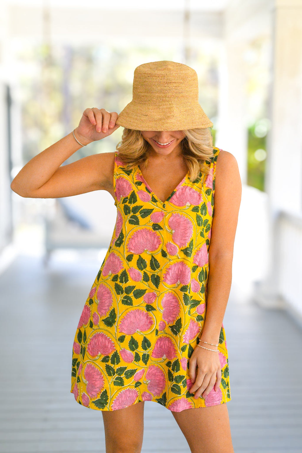 Yilly V Neck Mini Dress - Yellow/Pink