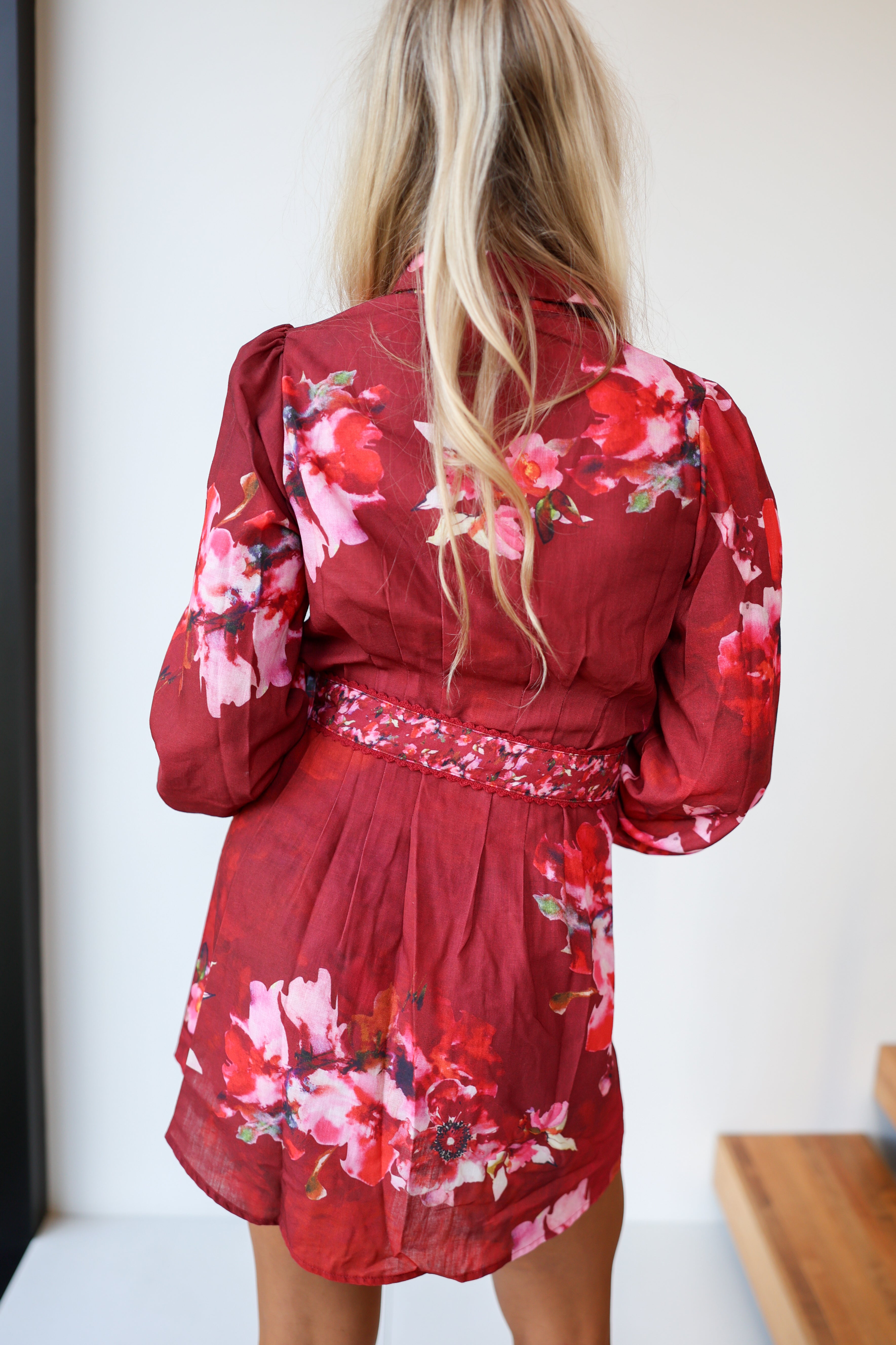 Layla Floral Belted Mini Dress - Wine