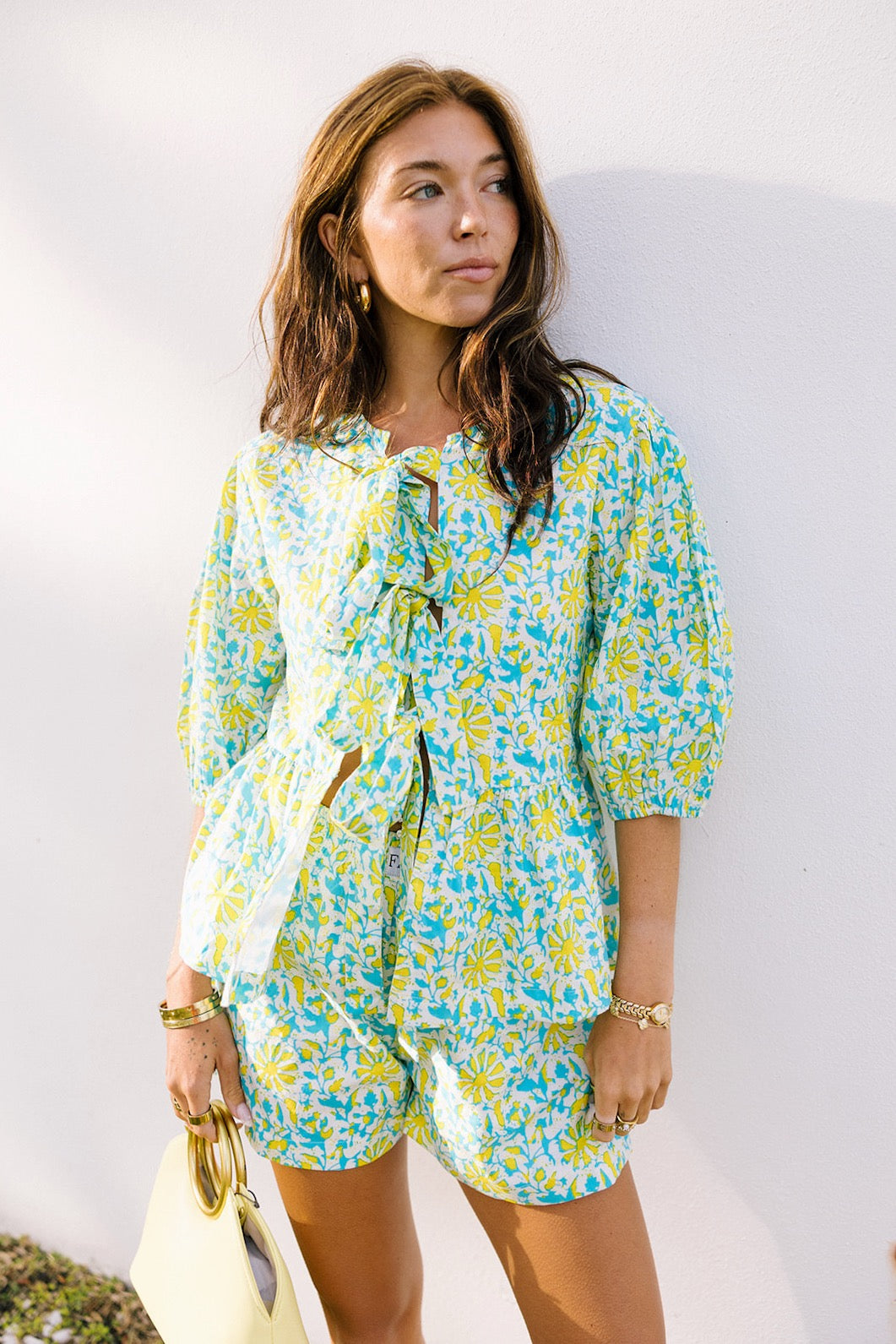 Dani Tie Front and Shorts Set - Teal/Lime