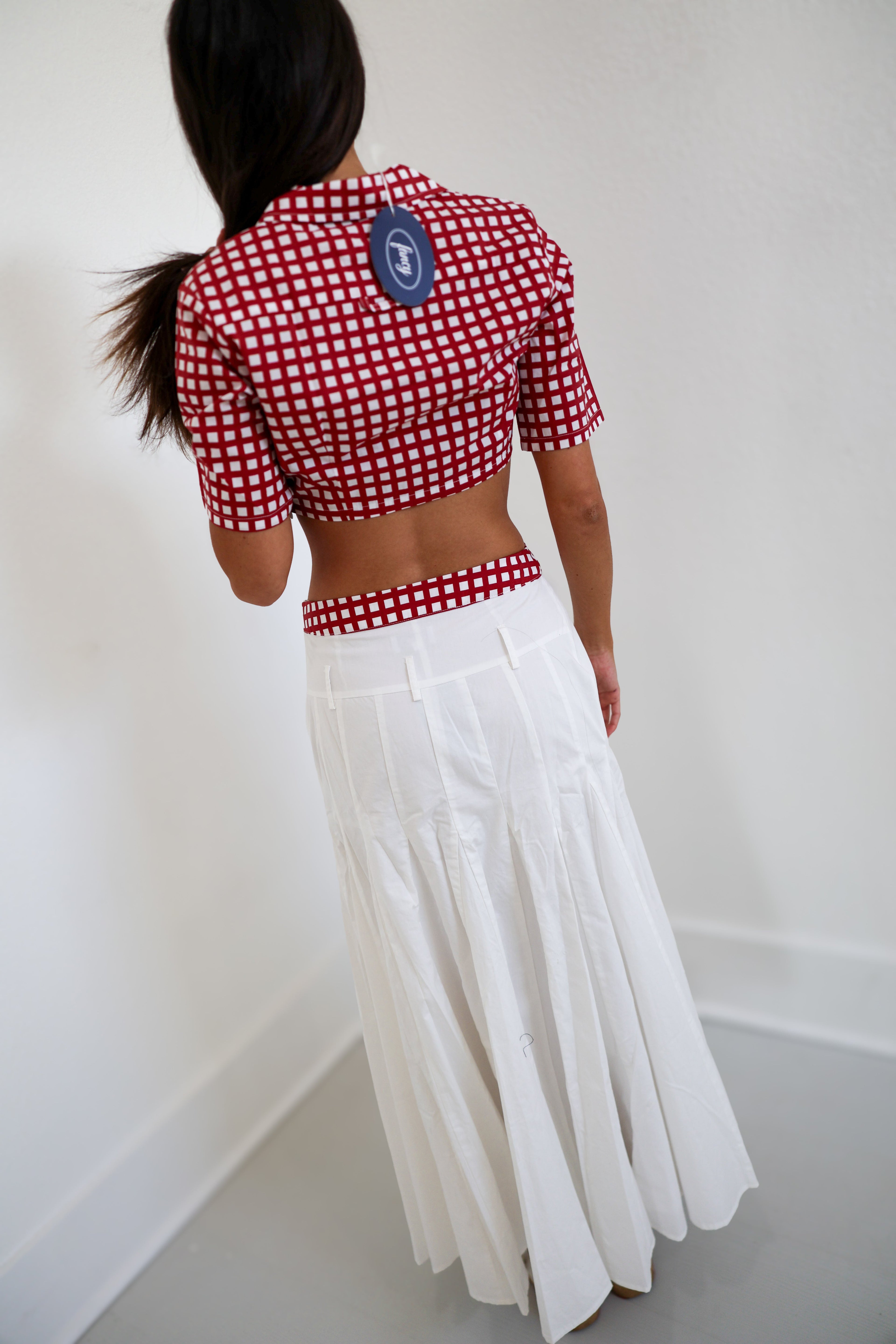 Maning Double Layer Pleated Maxi Skirt - Crimson/White Gingham