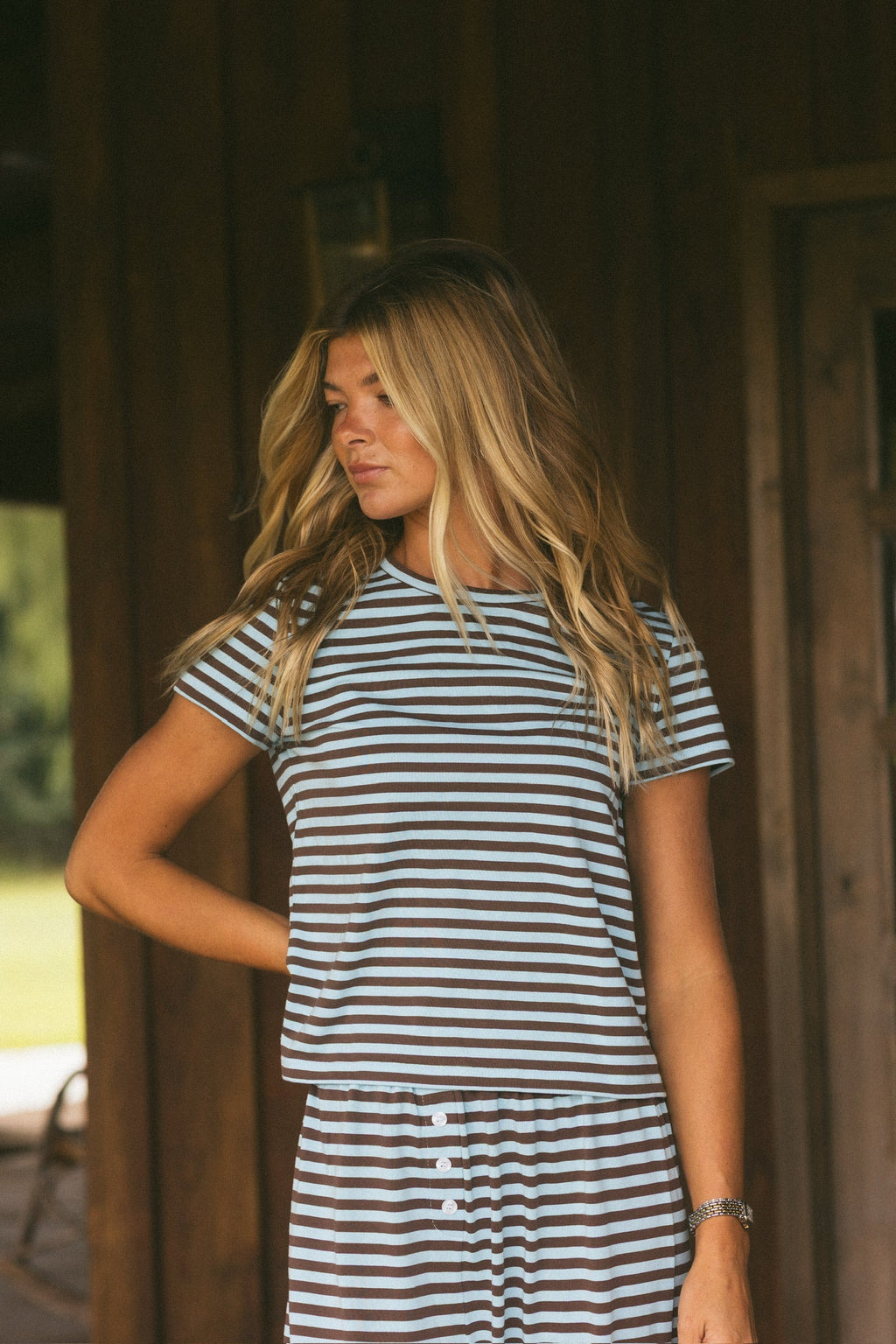 Fancy Striped Fitted Short Sleeve Top - Glacier/Chocolate