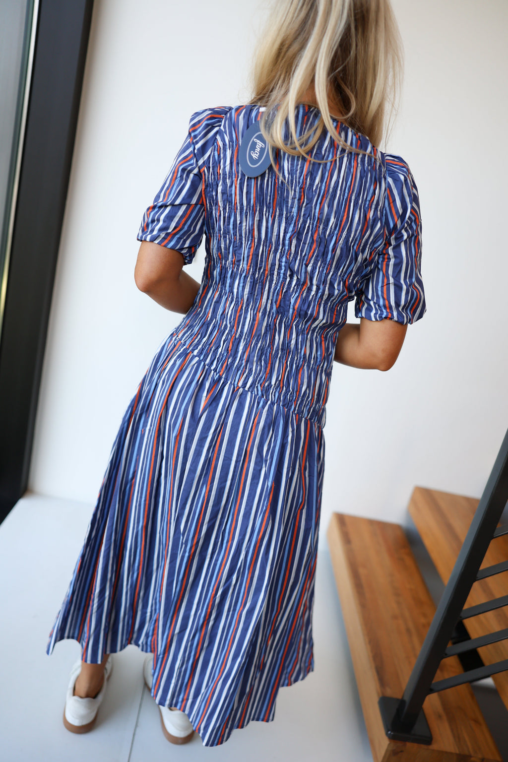 Mary Smocked Midi Dress - Navy/Oragne