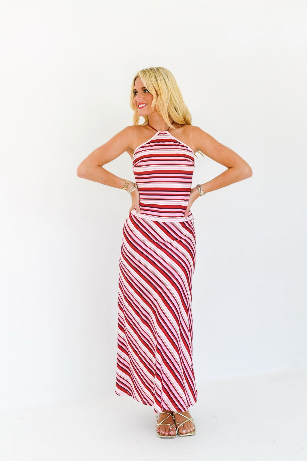 Harlee Halter Striped Maxi Dress - Magenta Stripe