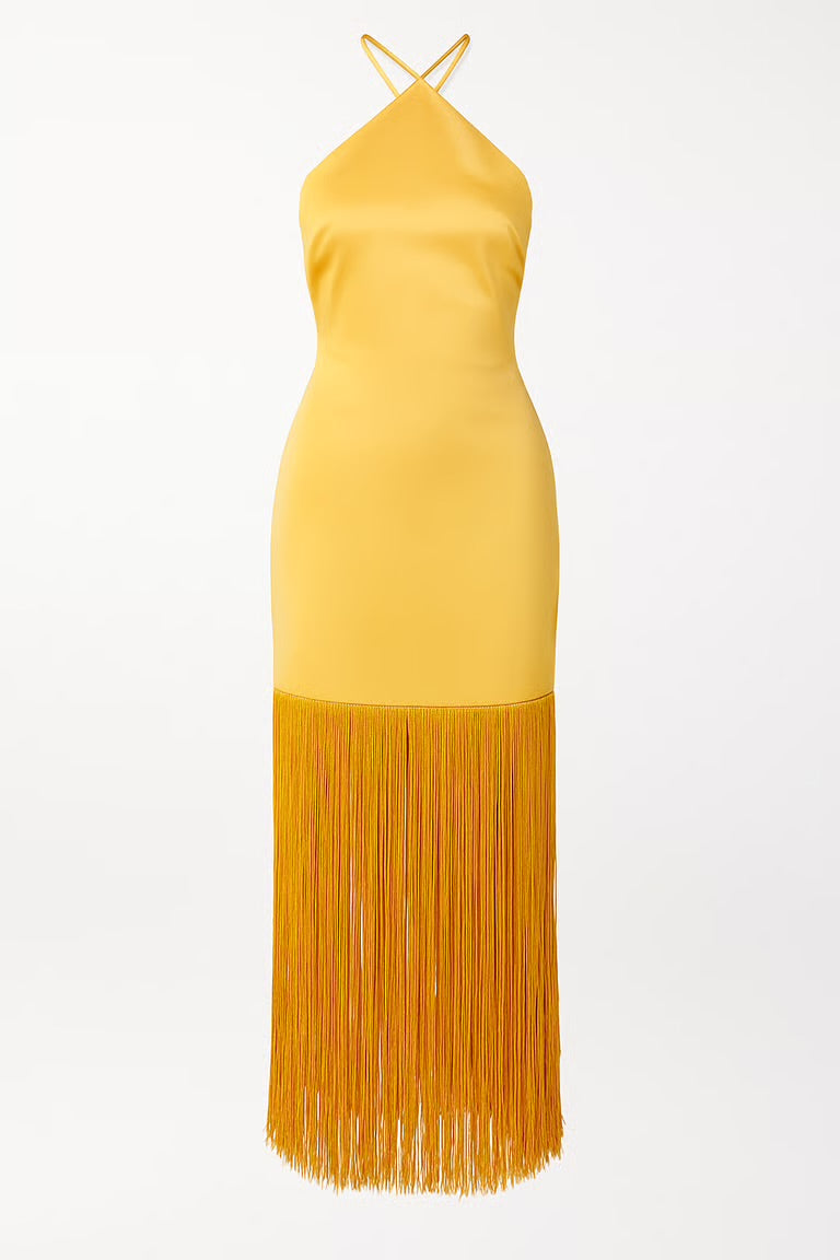 Hallie Halter Satin Fringe Maxi Dress - Yellow