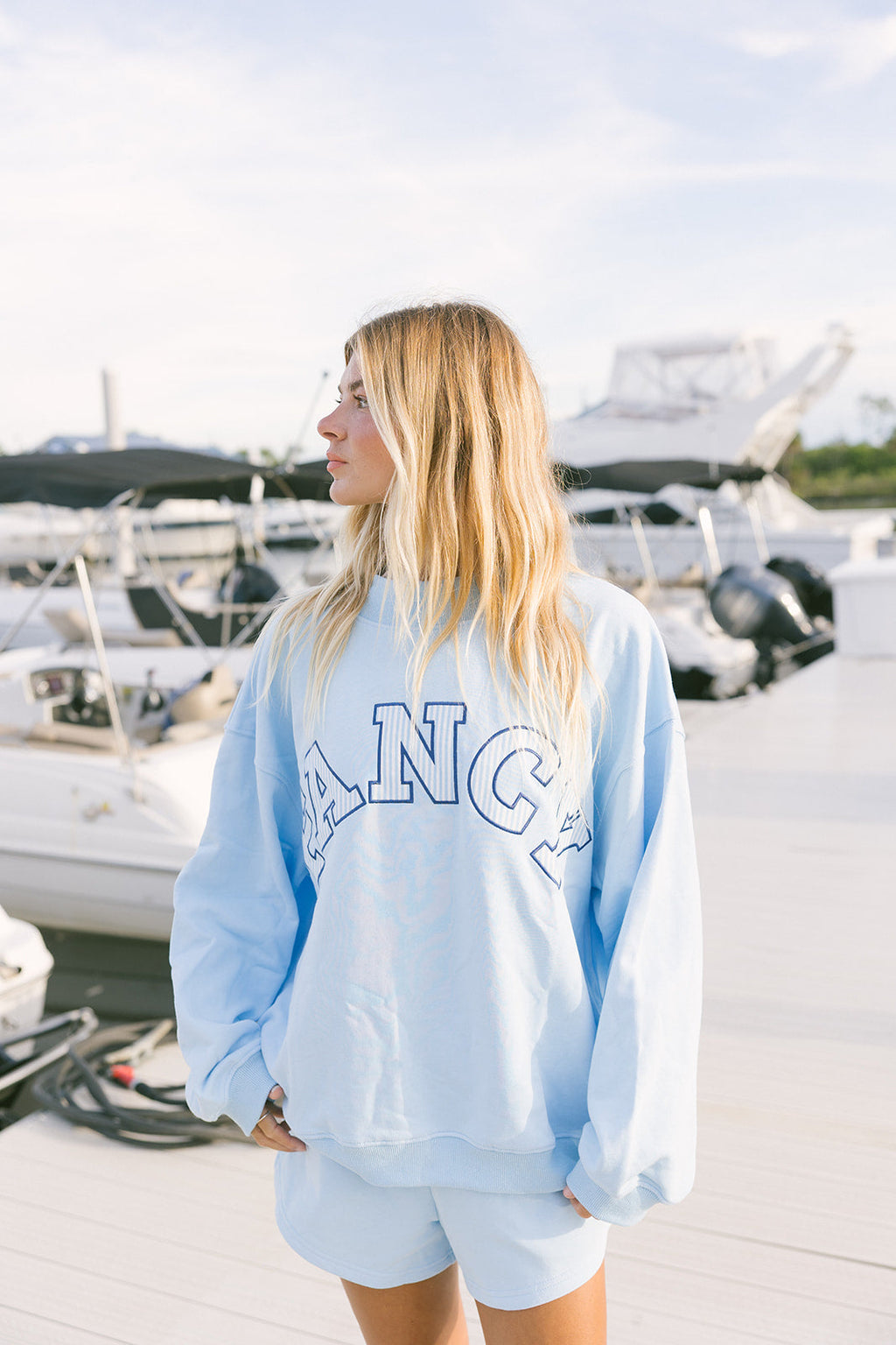 Fancy Oversized Striped Terry Striped Mockneck - Malibu Blue