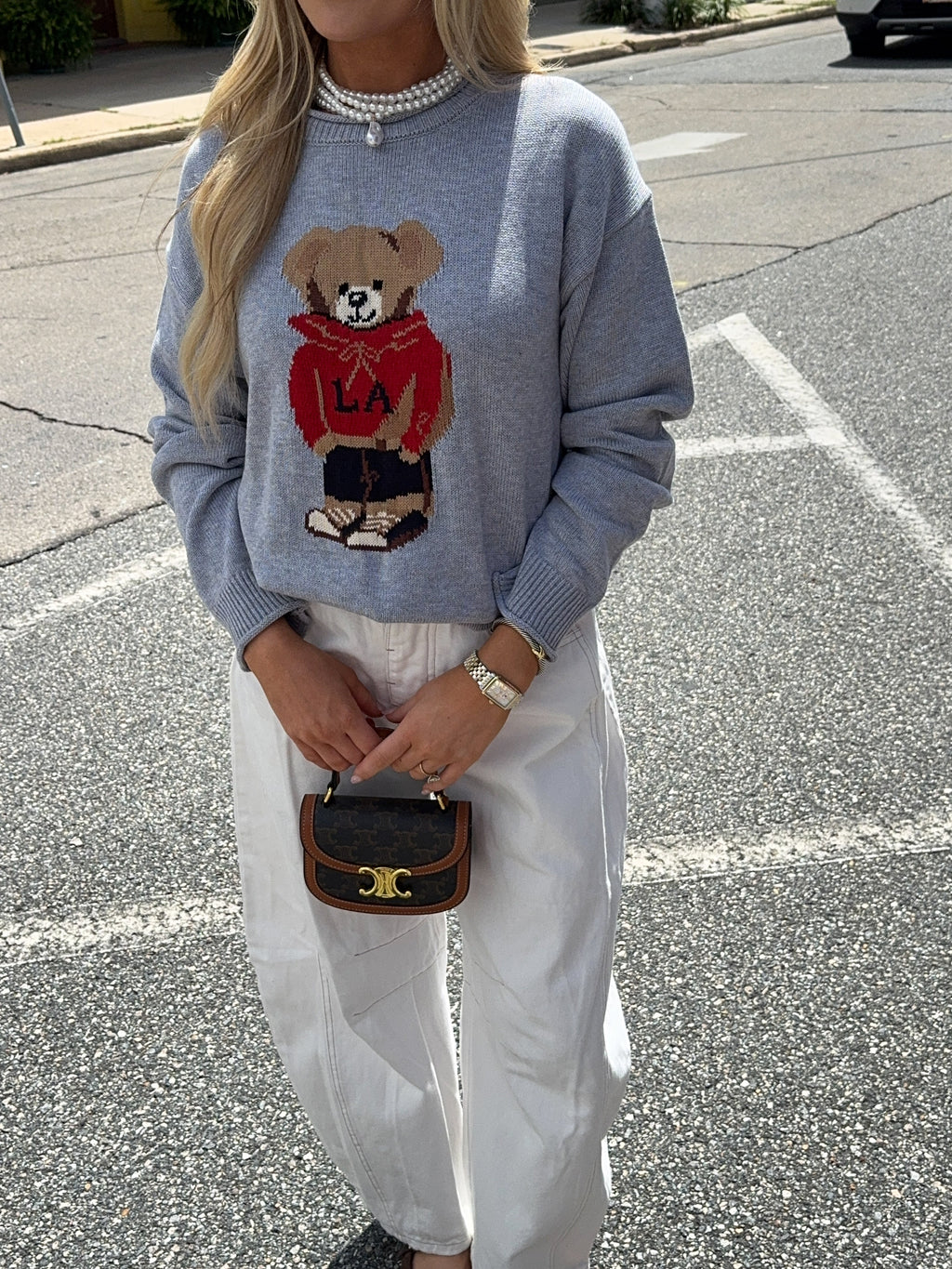 Shelly Roll Up Neck Bear Graphic Sweater - H Gray