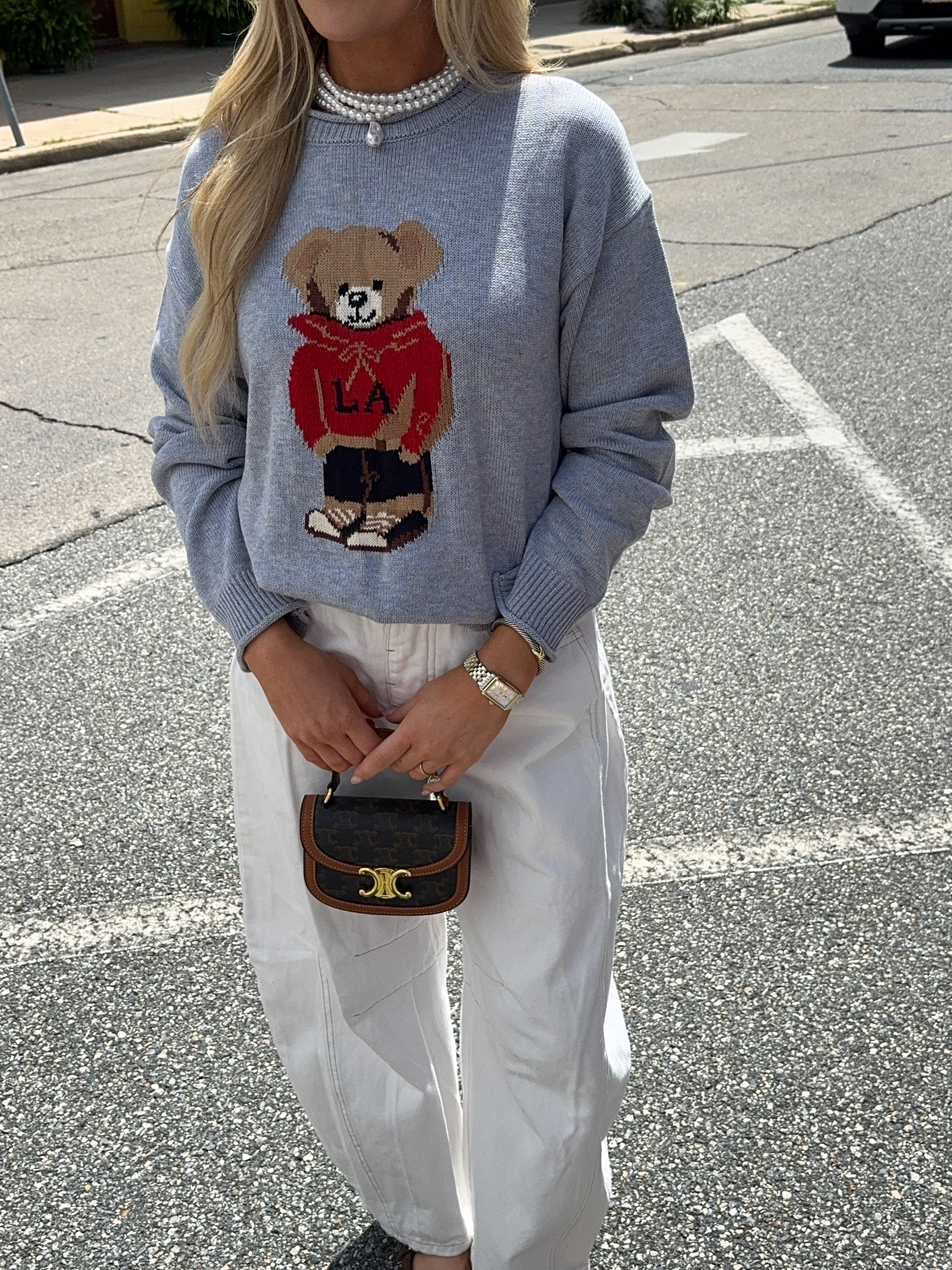 Shelly Roll Up Neck Bear Graphic Sweater - H Gray