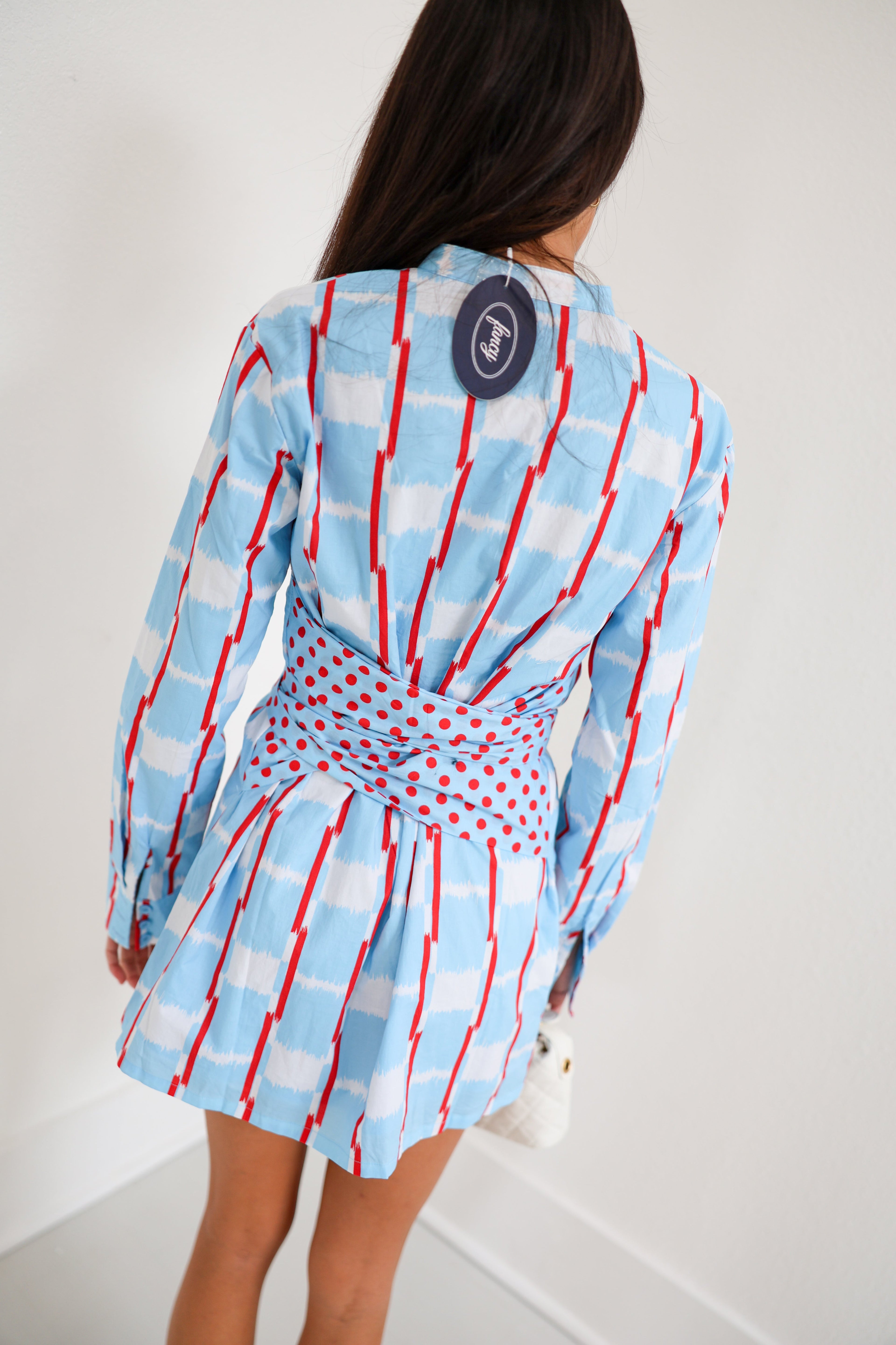 Mallie Multi Button Tie Mini Dress - Powder Blue/Red