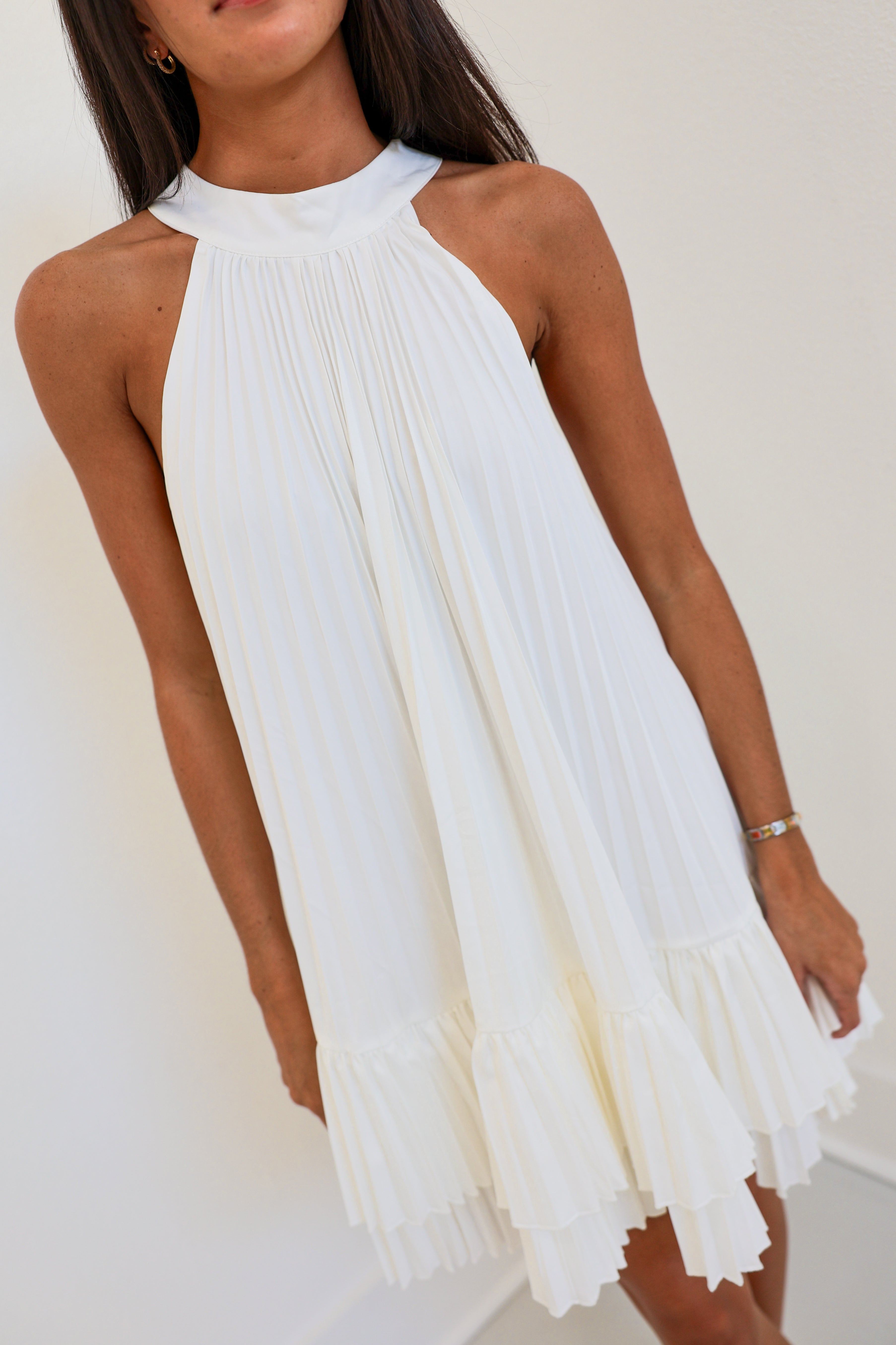Aspen Pleated Mini Halter Dress - White