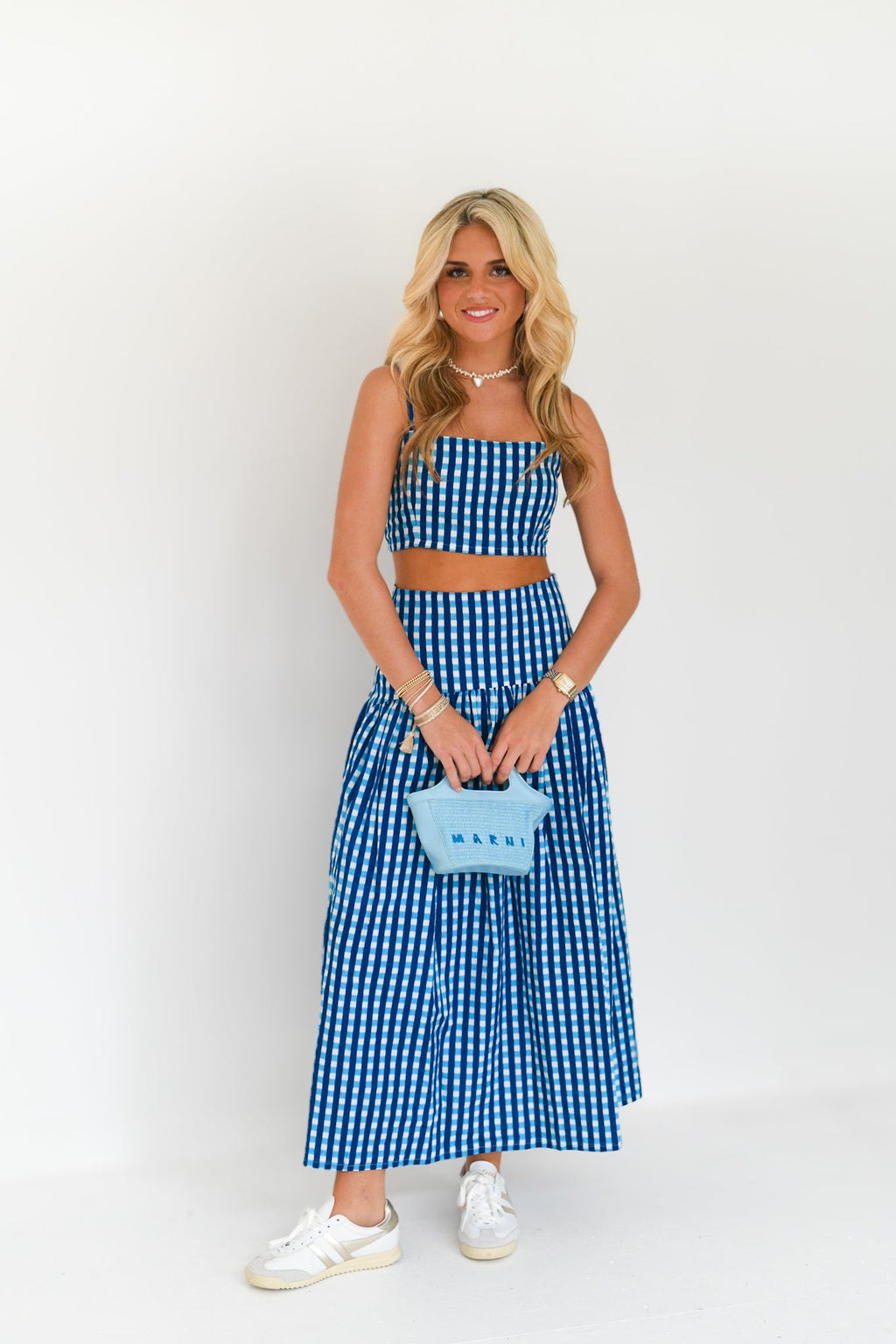Roslyn Maxi Skirt Set - Navy/Baby Blue Gingham