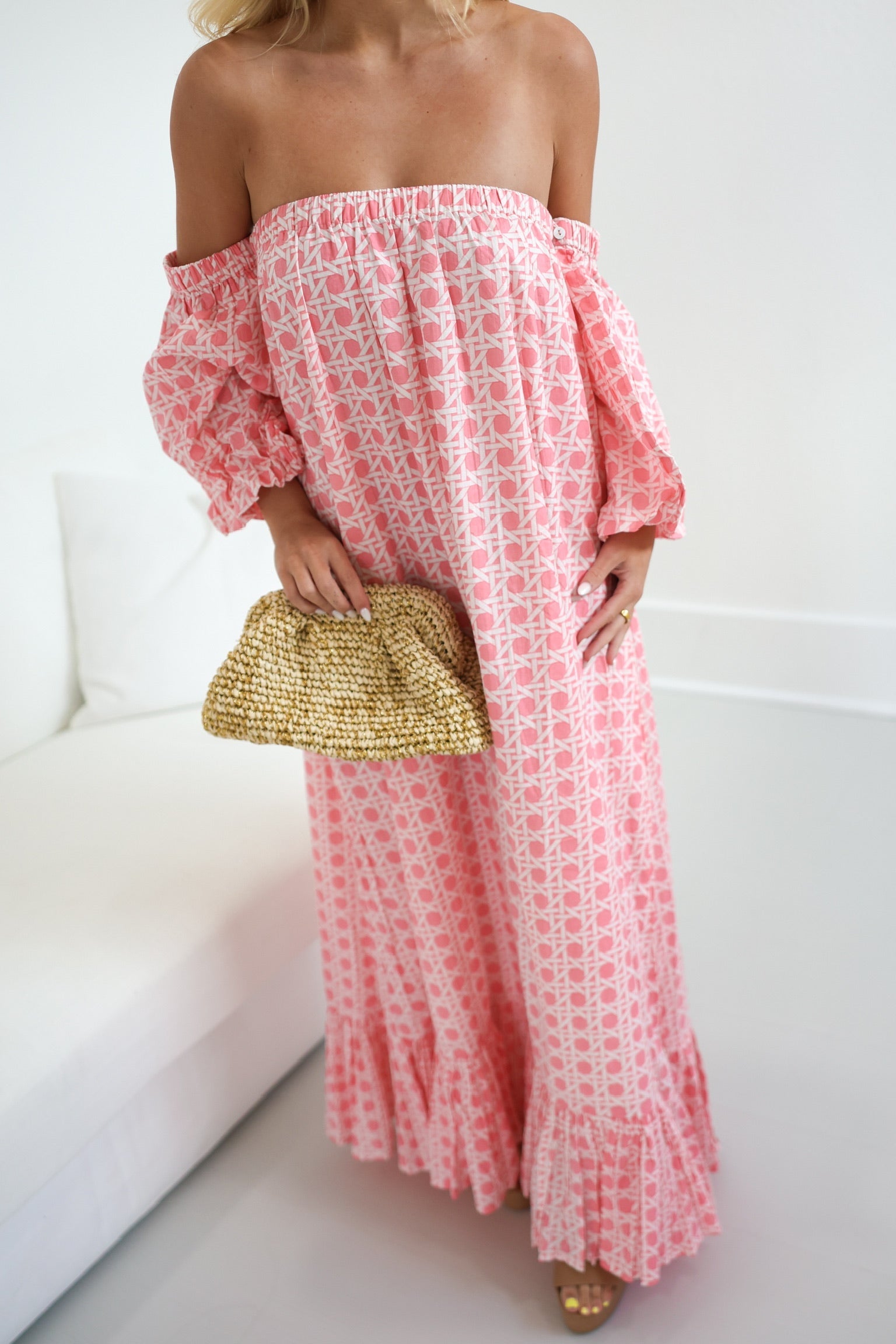 Polly Strapless Bubble Sleeve Maxi Dress - Baby Pink Blockprint
