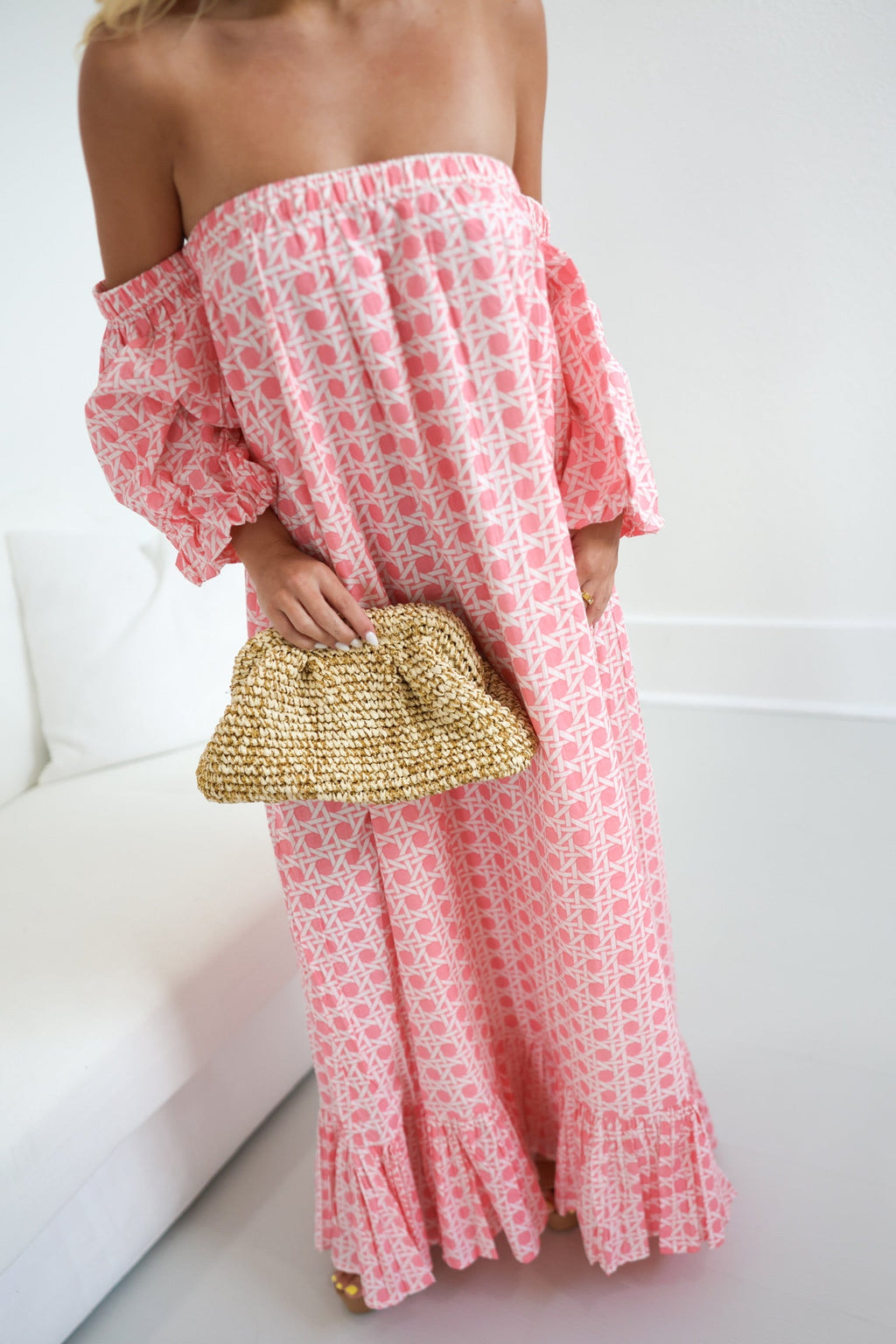 Polly Strapless Bubble Sleeve Maxi Dress - Baby Pink Blockprint