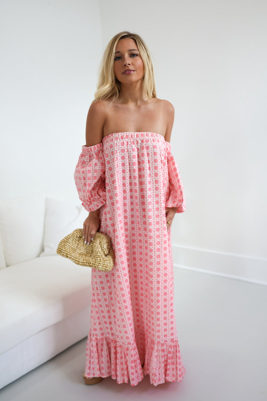Polly Strapless Bubble Sleeve Maxi Dress - Baby Pink Blockprint