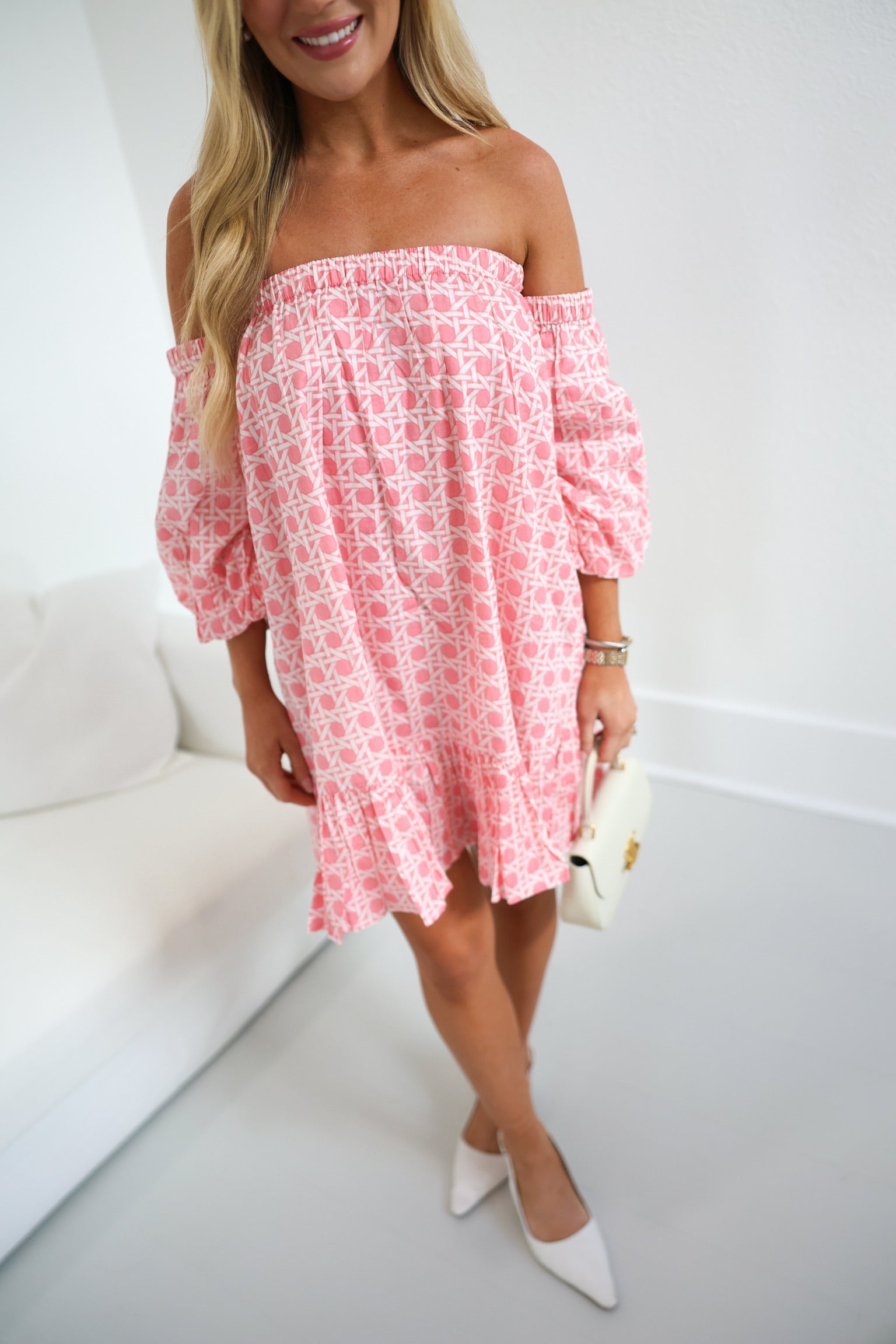 Ciara Strapless Bubble Sleeve Mini Dress - Baby Pink Blockprint