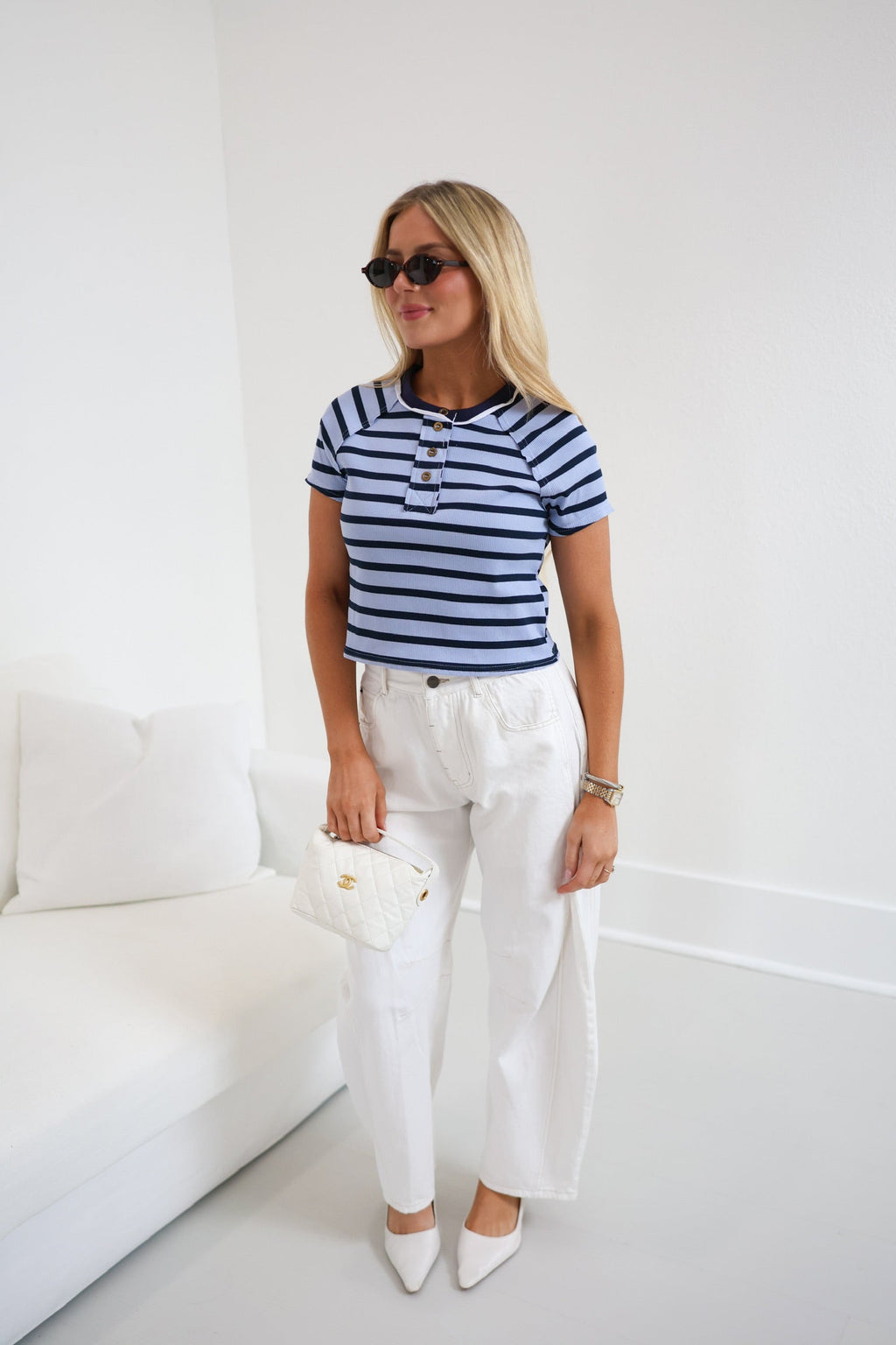 Kylie Striped Short Sleeve Tee - Lt Blue/Navy