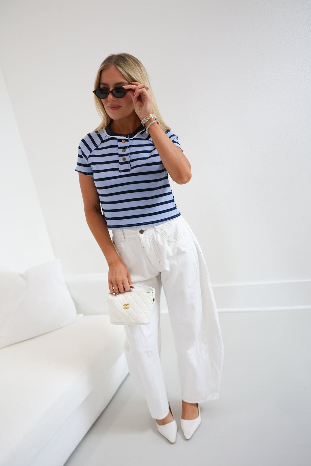 Kylie Striped Short Sleeve Tee - Lt Blue/Navy