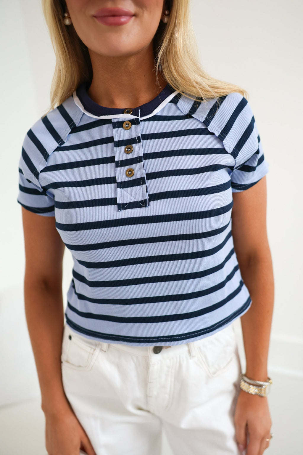 Kylie Striped Short Sleeve Tee - Lt Blue/Navy