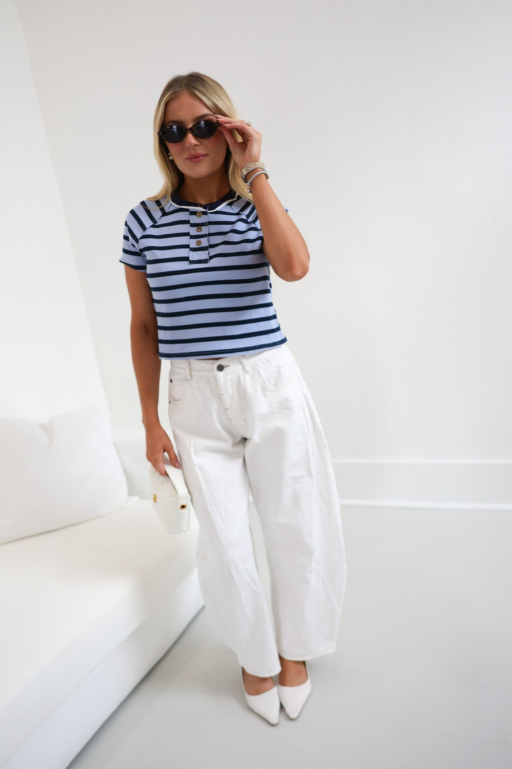 Kylie Striped Short Sleeve Tee - Lt Blue/Navy