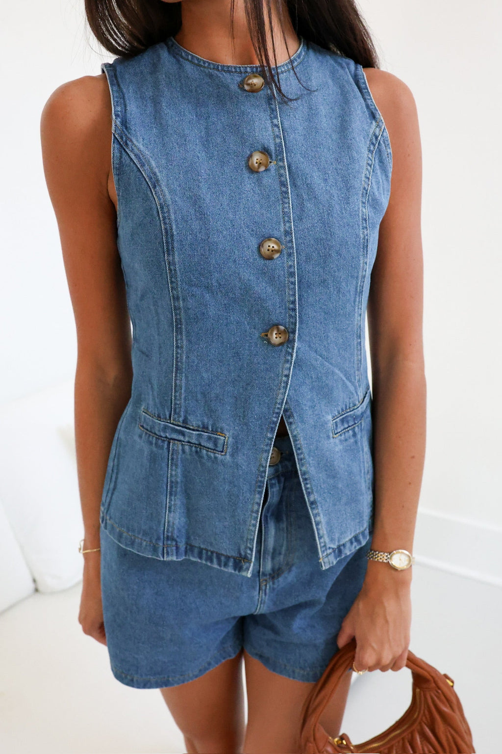 Mandi Denim Vest and Shorts Set - Medium Denim