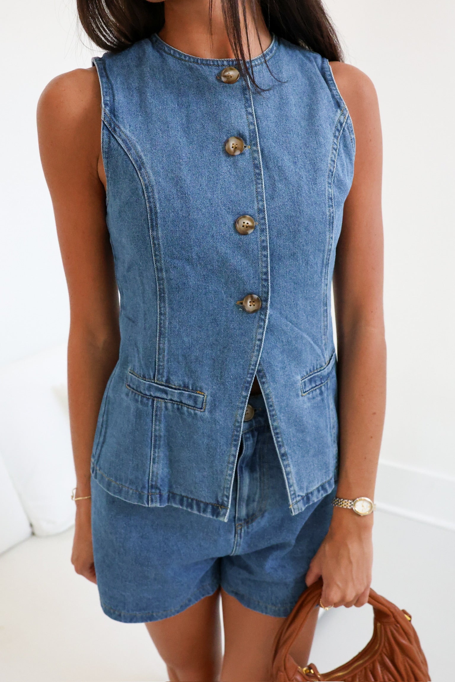 Mandi Denim Vest and Shorts Set - Medium Denim
