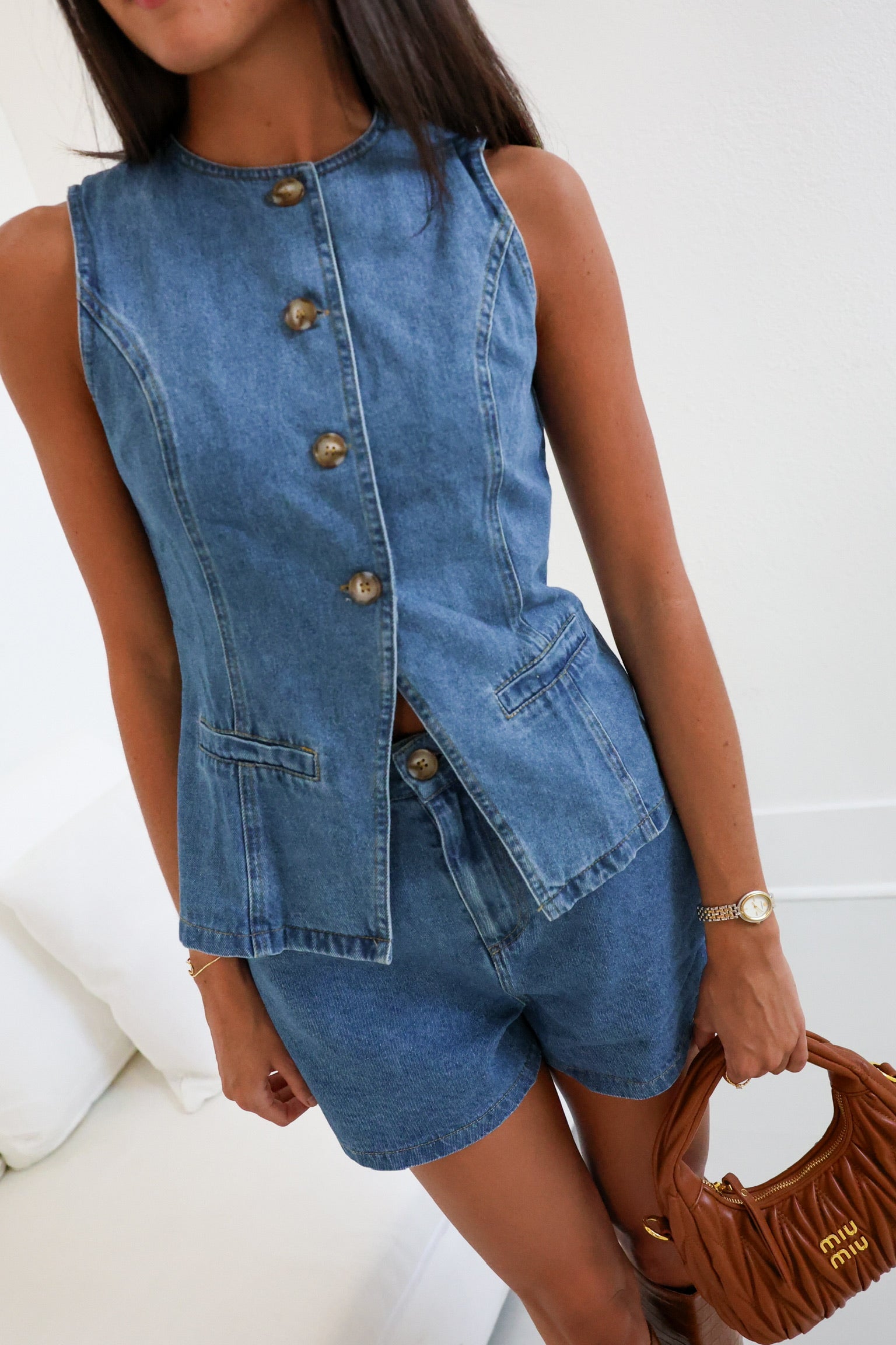Mandi Denim Vest and Shorts Set - Medium Denim