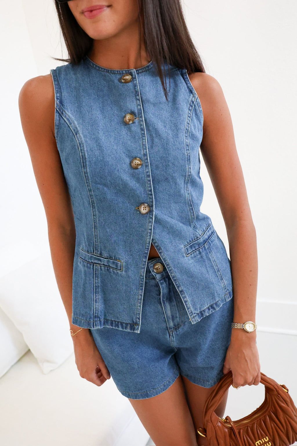 Mandi Denim Vest and Shorts Set - Medium Denim